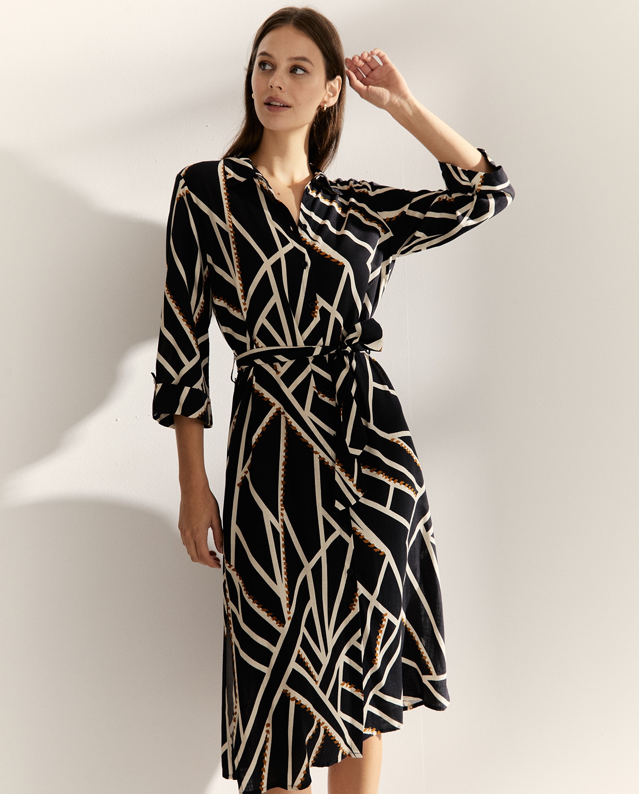 Vestido midi camisero estampado manga francesa - Paz Torras - Negro Negro-2