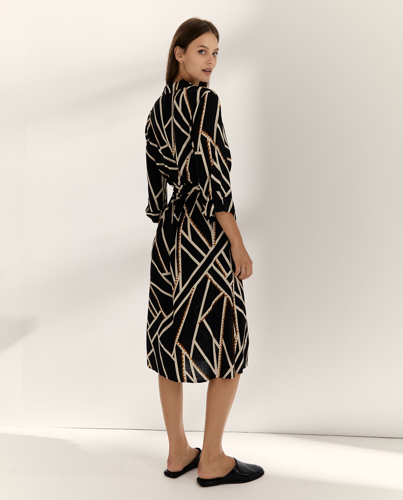 Vestido midi camisero estampado manga francesa - Paz Torras - Negro Negro-3