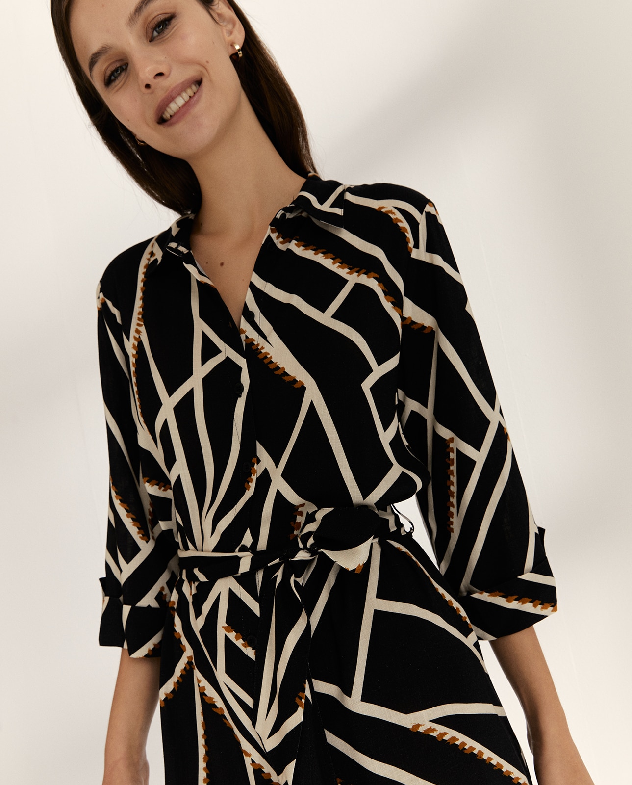 Vestido midi camisero estampado manga francesa - Paz Torras - Negro Negro-4