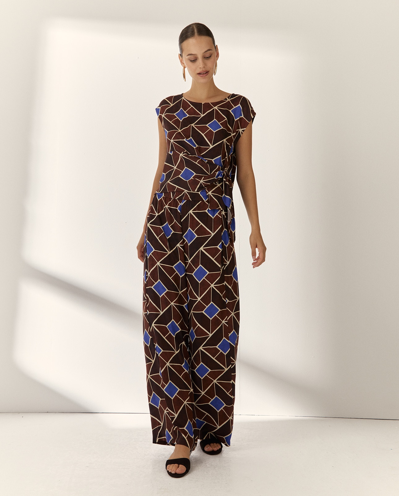 Pantalones anchos de mujer con estampado geométrico - Paz Torras - Marrón Marrón-1