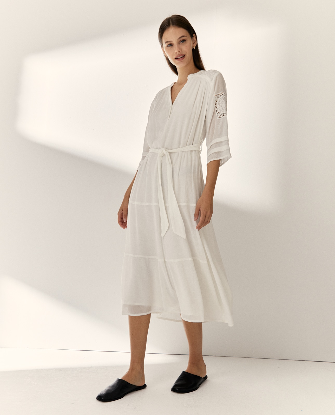 Vestido midi forrado manga francesa cuello mao - Paz Torras - Crudo Crudo-2