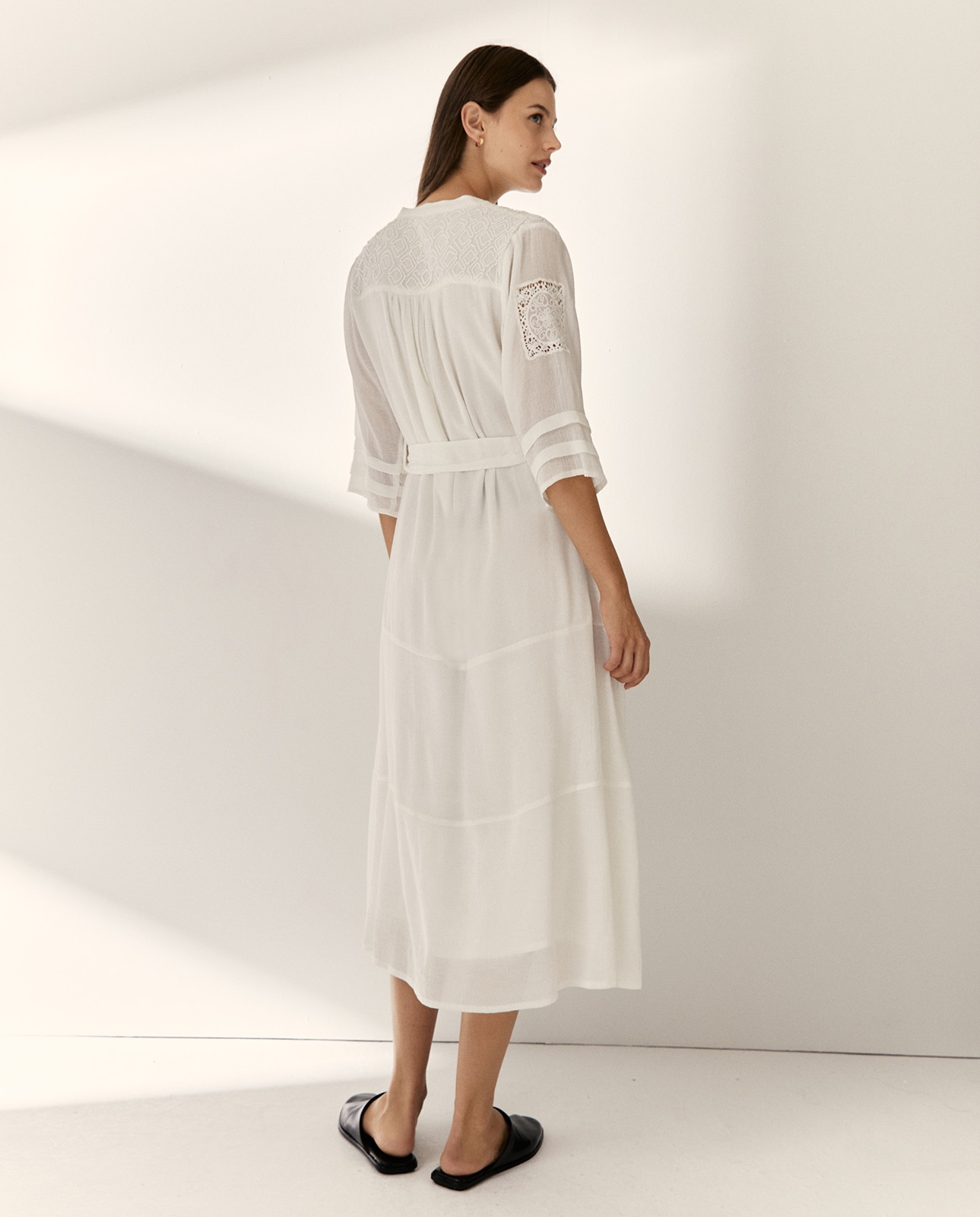Vestido midi forrado manga francesa cuello mao - Paz Torras - Crudo Crudo-3
