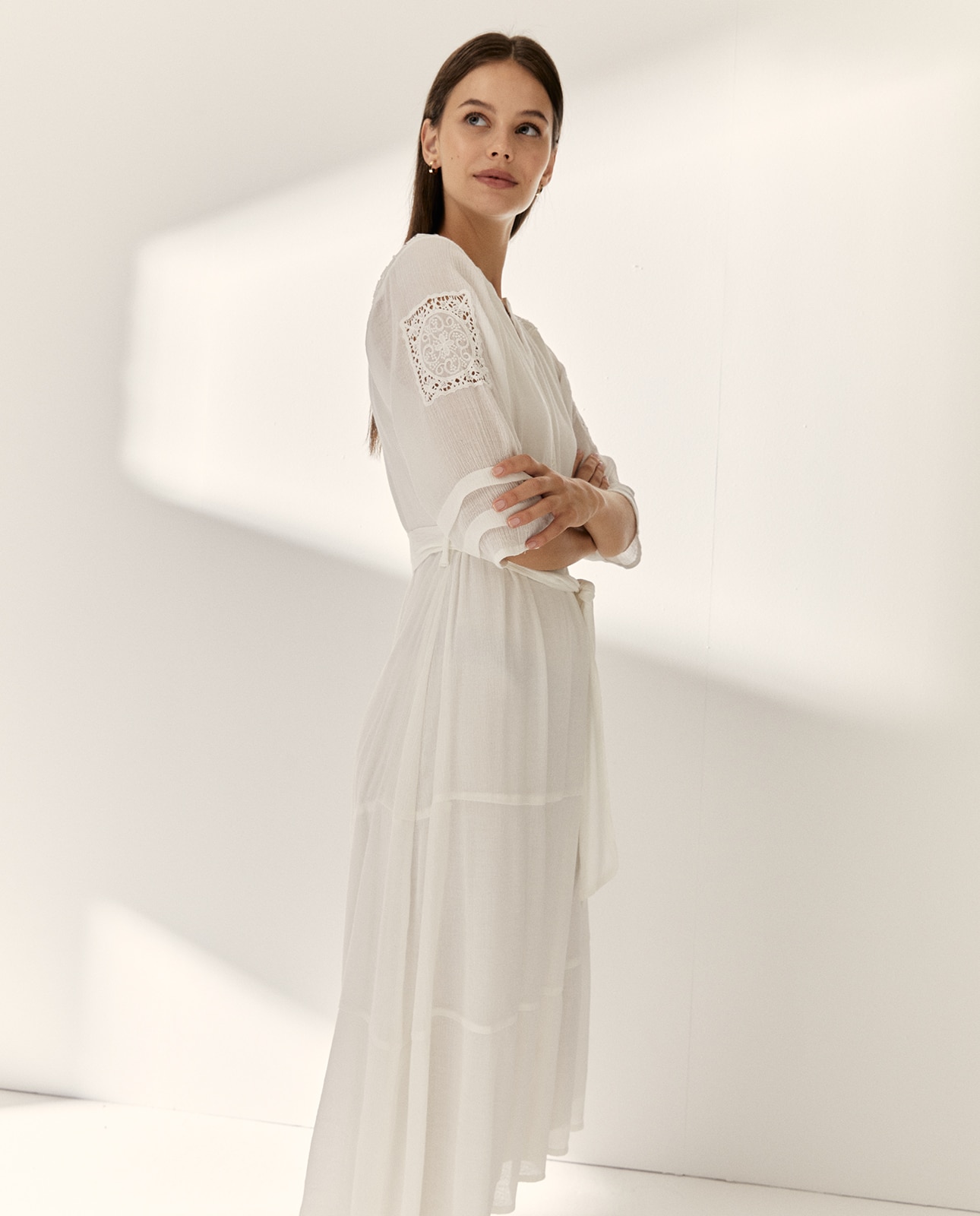 Vestido midi forrado manga francesa cuello mao - Paz Torras - Crudo Crudo-4