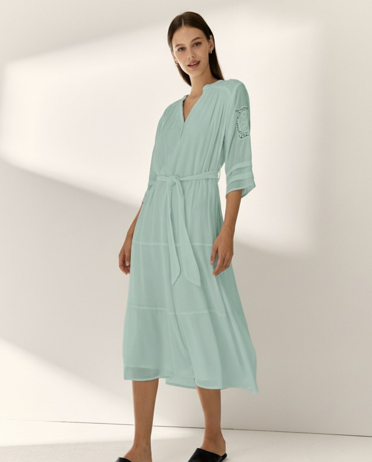 Vestido midi forrado manga francesa cuello mao - Paz Torras - Turquesa Turquesa-1
