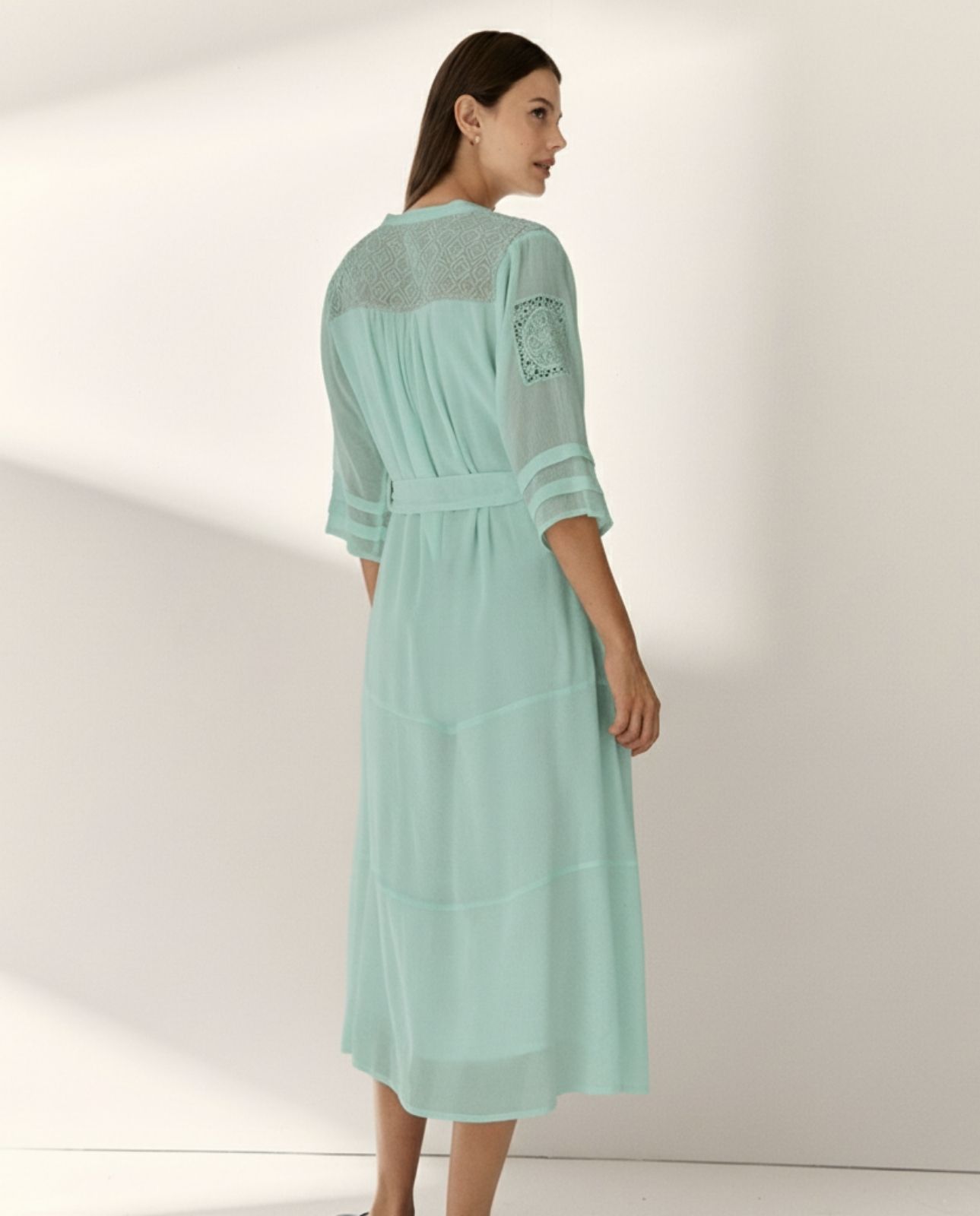 Vestido midi forrado manga francesa cuello mao - Paz Torras - Turquesa Turquesa-2