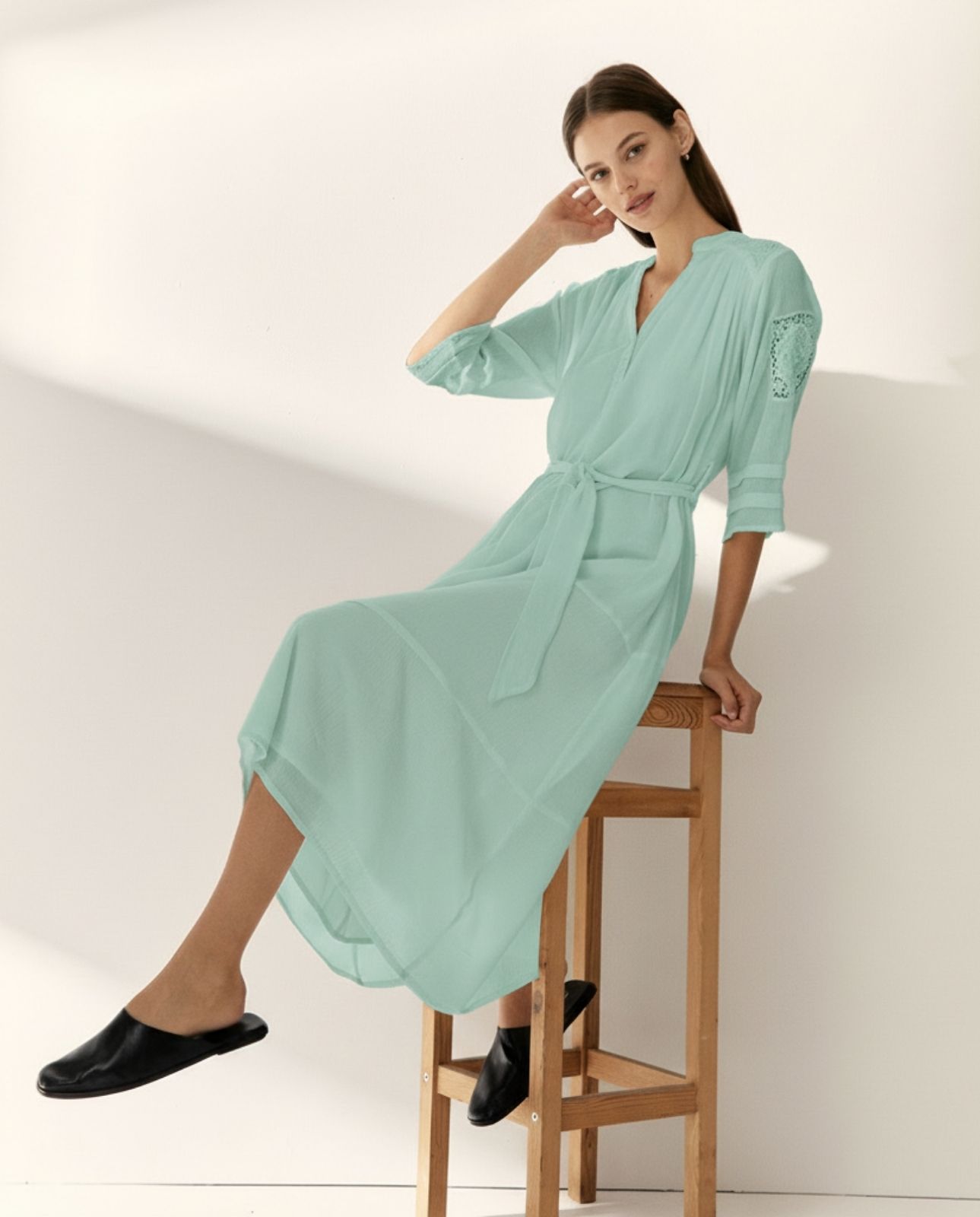 Vestido midi forrado manga francesa cuello mao - Paz Torras - Turquesa Turquesa-3