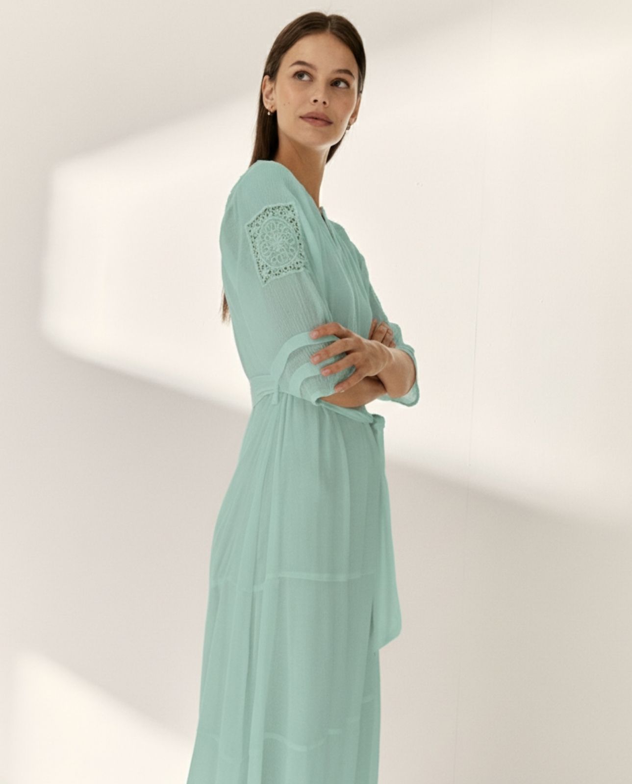 Vestido midi forrado manga francesa cuello mao - Paz Torras - Turquesa Turquesa-4