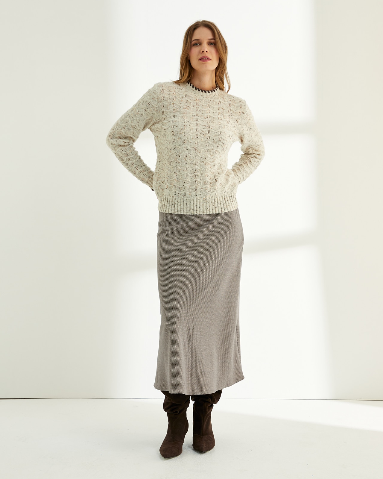 Falda midi lisa cintura elástica - Paz Torras - Marrón Marrón-1