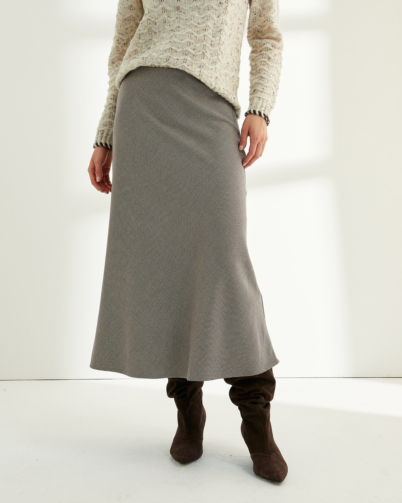 Falda midi lisa cintura elástica - Paz Torras - Marrón Marrón-2