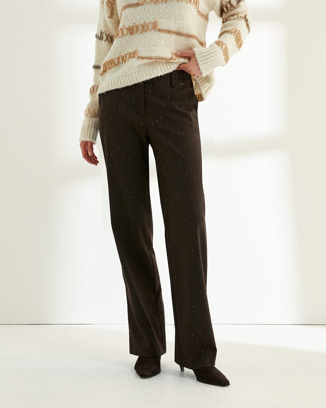 Pantalón recto de mujer tejido fantasía - Paz Torras - Marrón oscuro Marrón oscuro-2