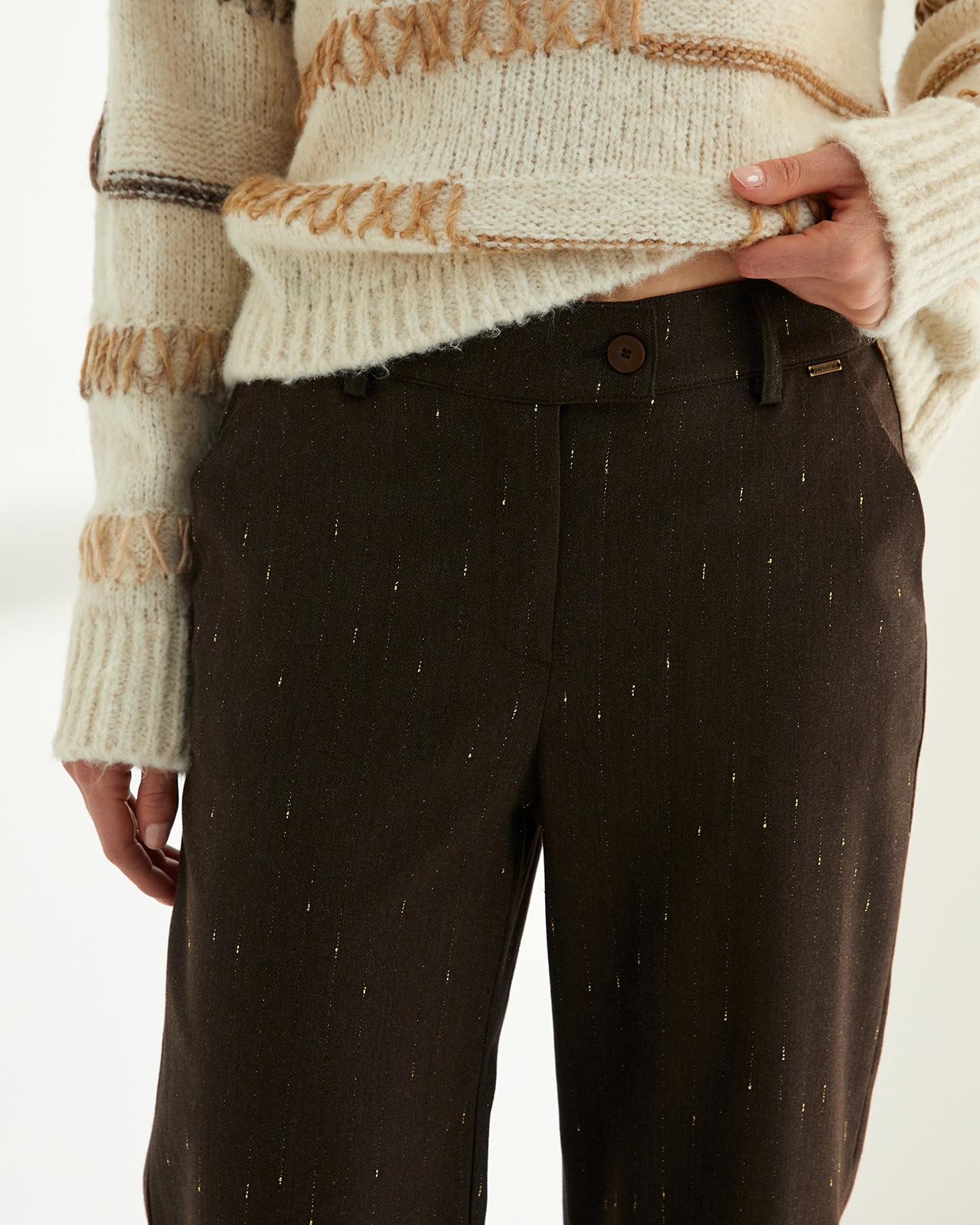 Pantalón recto de mujer tejido fantasía - Paz Torras - Marrón oscuro Marrón oscuro-4