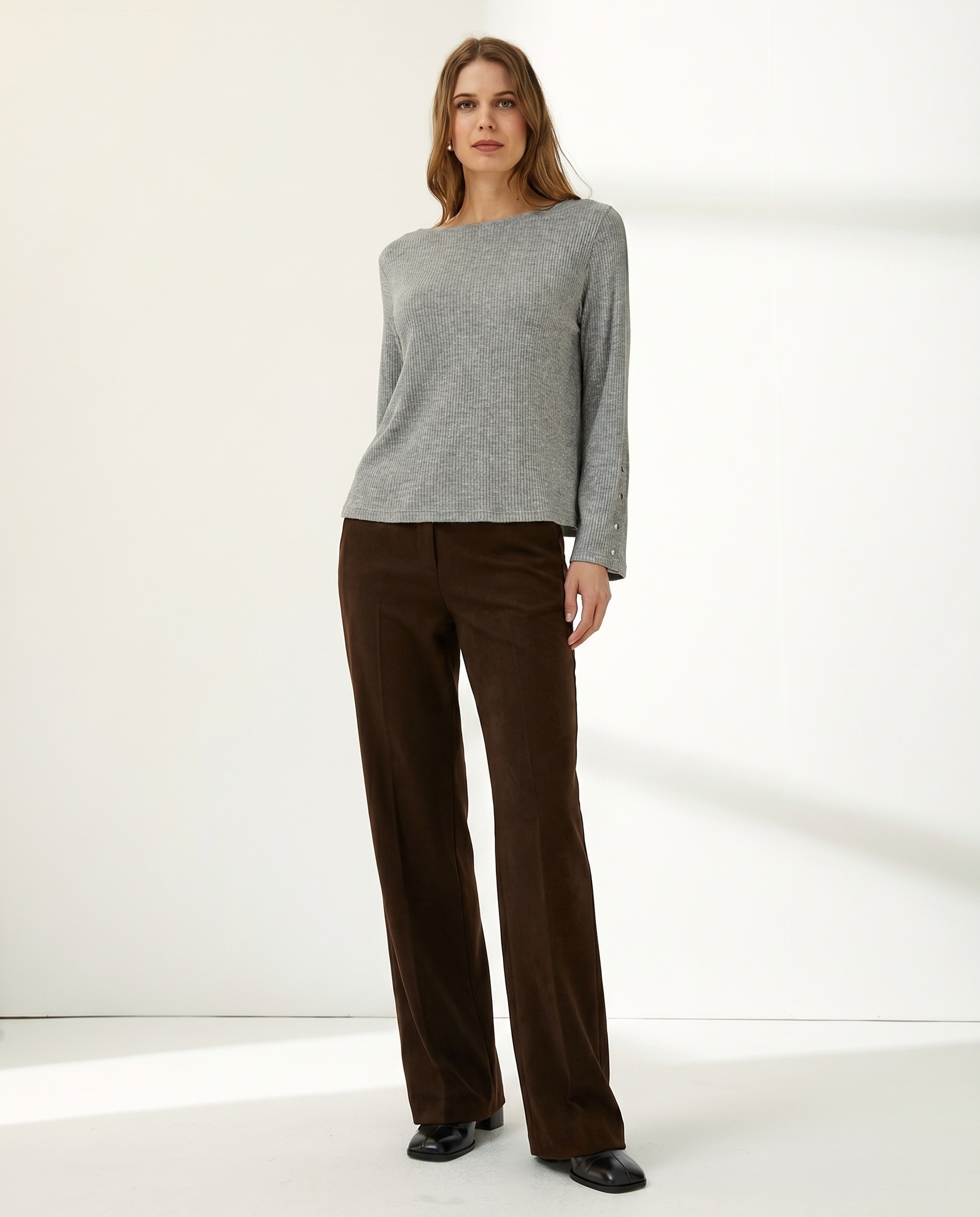 Pantalón recto de mujer corte básico - Paz Torras - Marrón oscuro Marrón oscuro-1