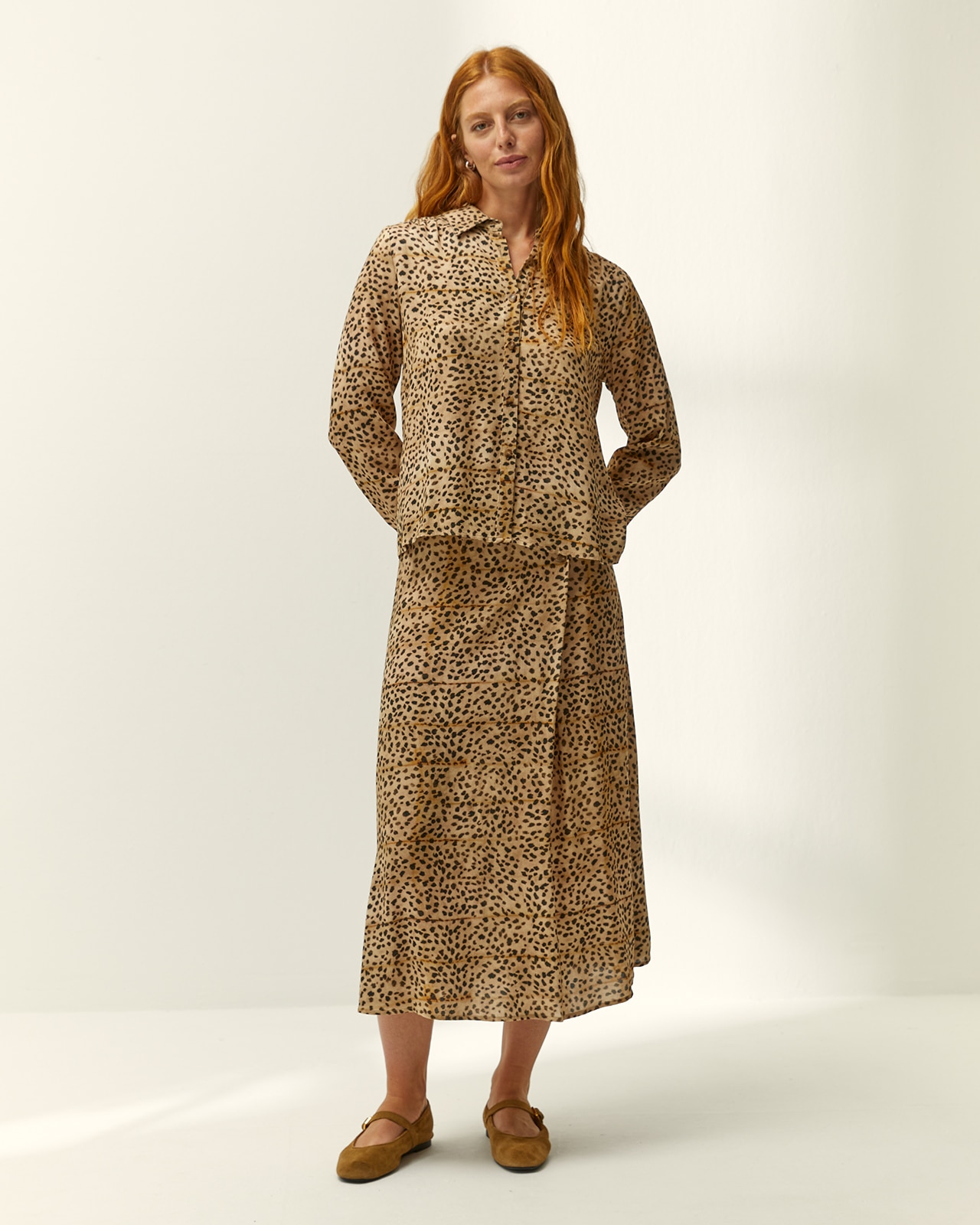 Falda midi estampada animal print cintura elástica - Paz Torras - Marrón Marrón-1