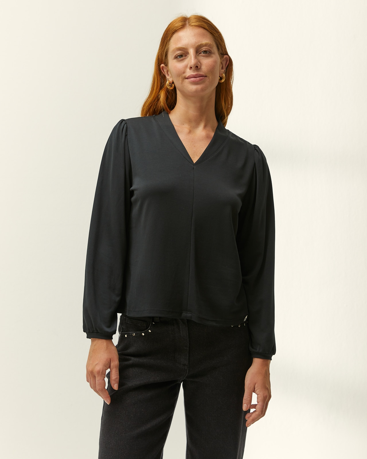 Camiseta de mujer cuello pico manga larga - Paz Torras - Negro Negro-2