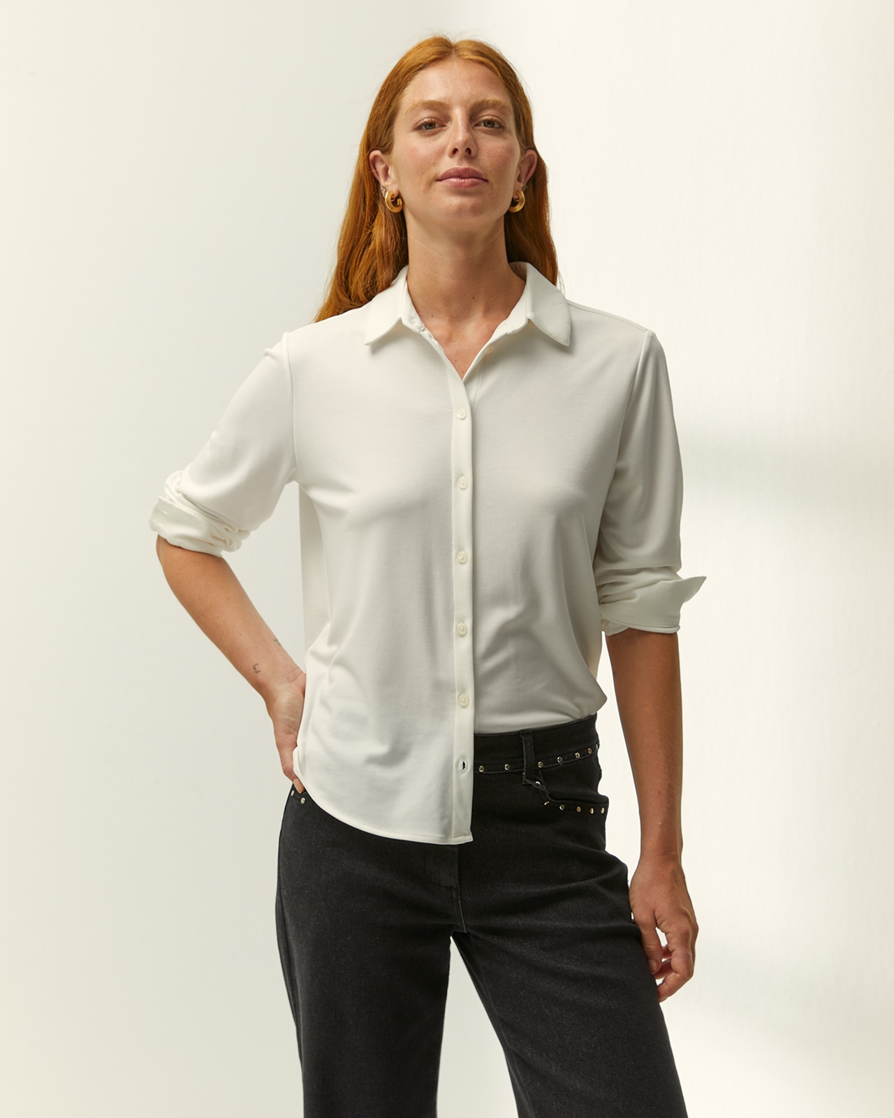Camisa de mujer básica punto liso - Paz Torras - Crudo Crudo-2