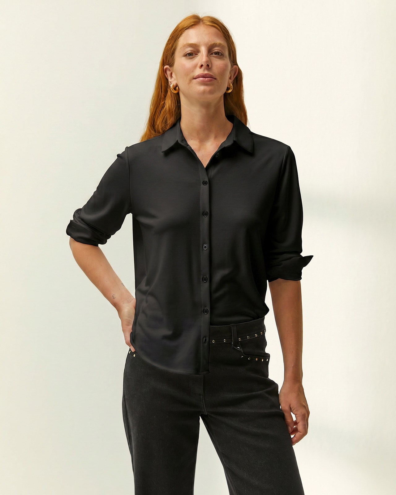 Camisa de mujer básica punto liso - Paz Torras - Negro Negro-2