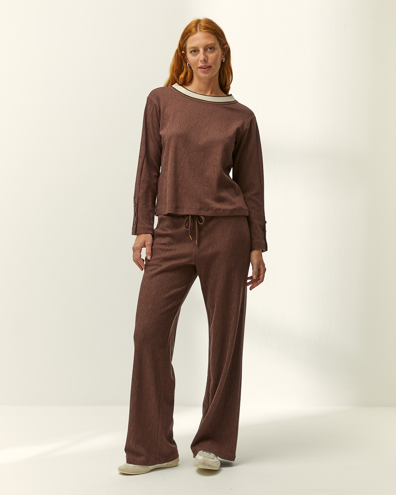 Pantalón recto de mujer punto con estructura cintura elástica - Paz Torras - Marrón Marrón-1