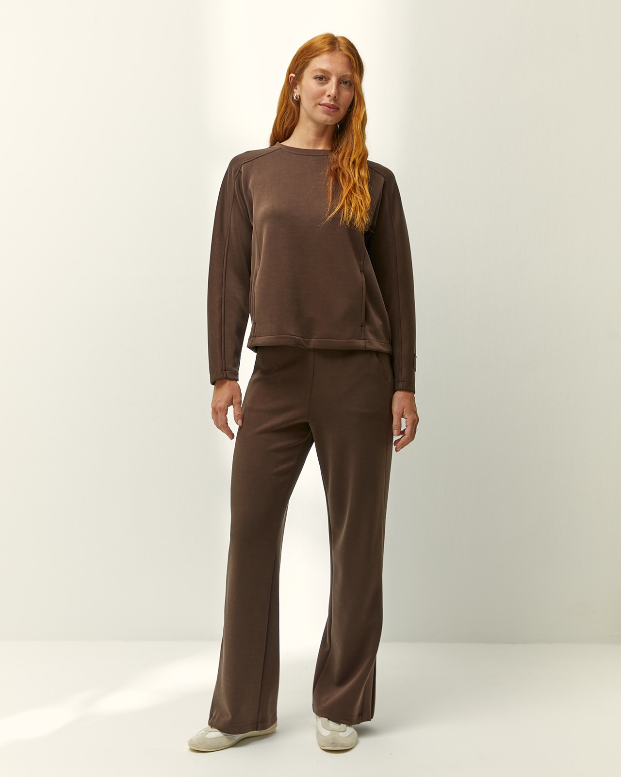 Imagen 1 de Pantalón recto de mujer punto liso cintura elástica - Paz Torras - Marrón oscuro Marrón oscuro