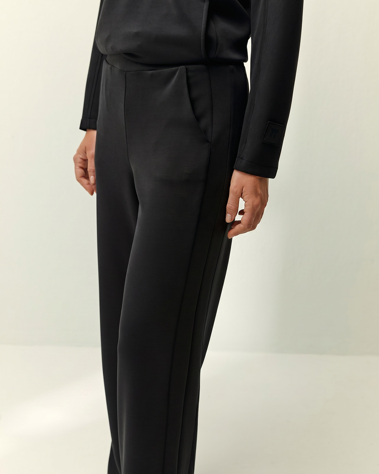 Pantalón recto de mujer punto liso cintura elástica - Paz Torras - Negro Negro-4