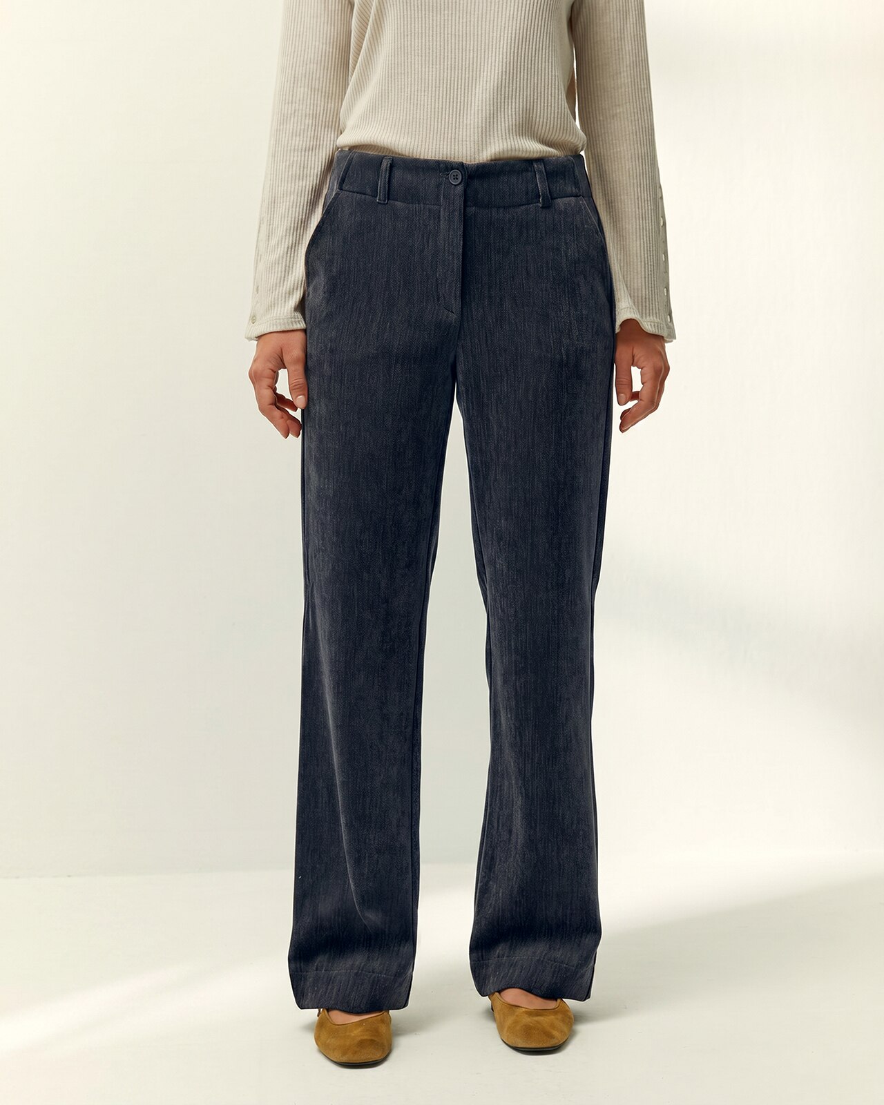 Pantalón recto de mujer efecto ante - Paz Torras - Azul marino Azul marino-2