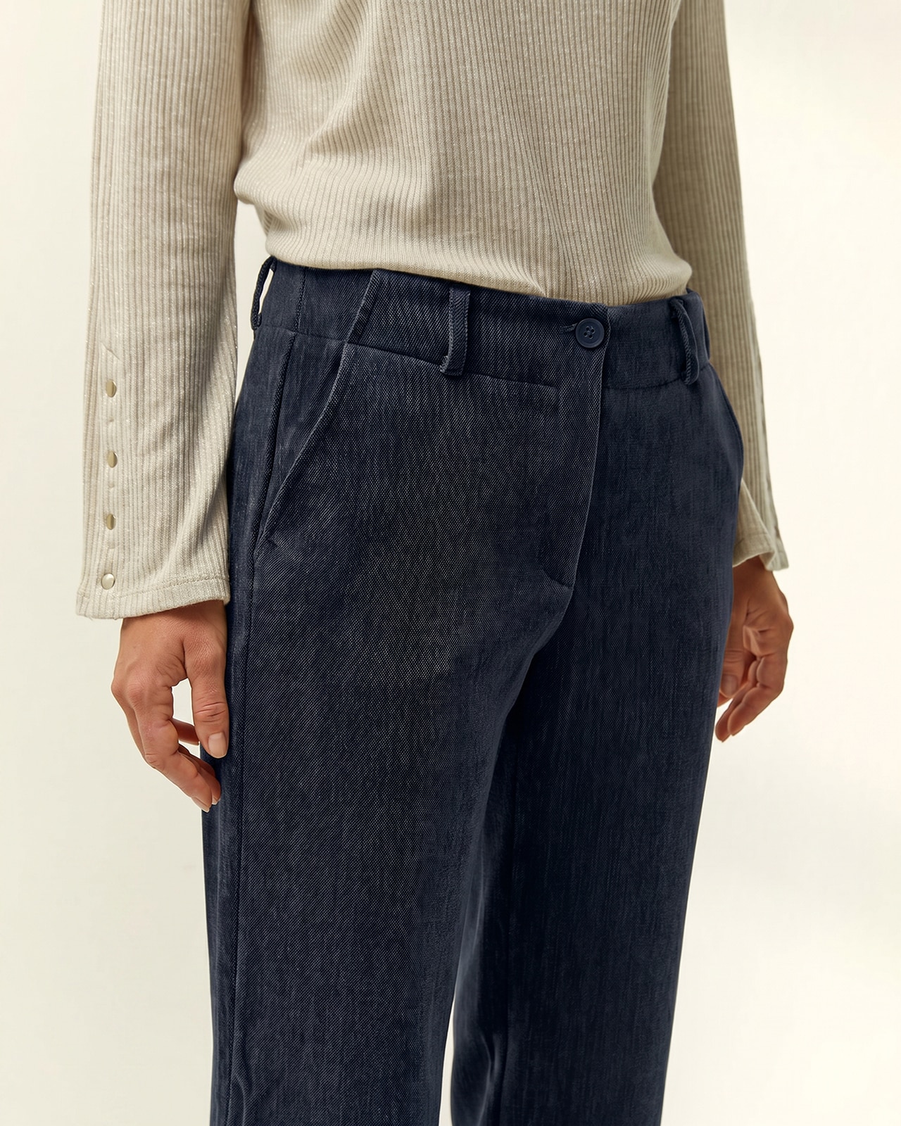 Pantalón recto de mujer efecto ante - Paz Torras - Azul marino Azul marino-4