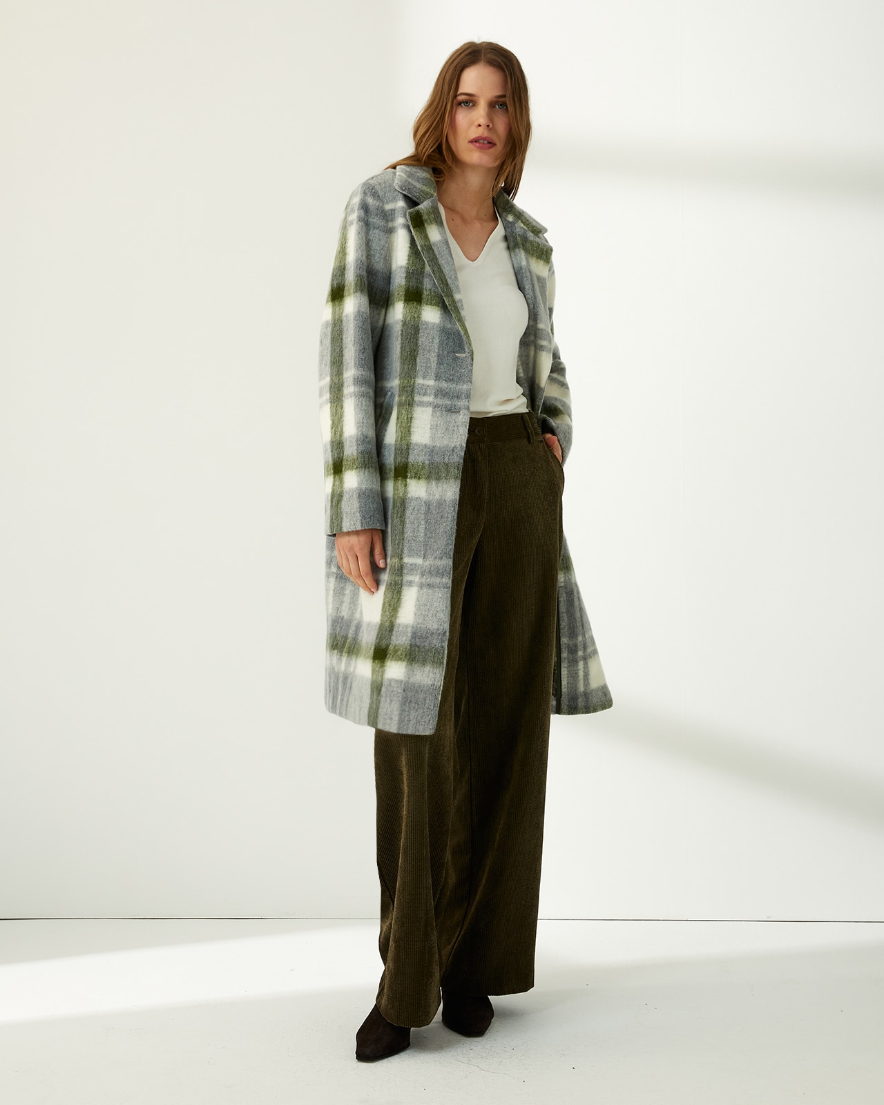 Abrigo largo de mujer estampado cuadros - Paz Torras - Gris Gris-1