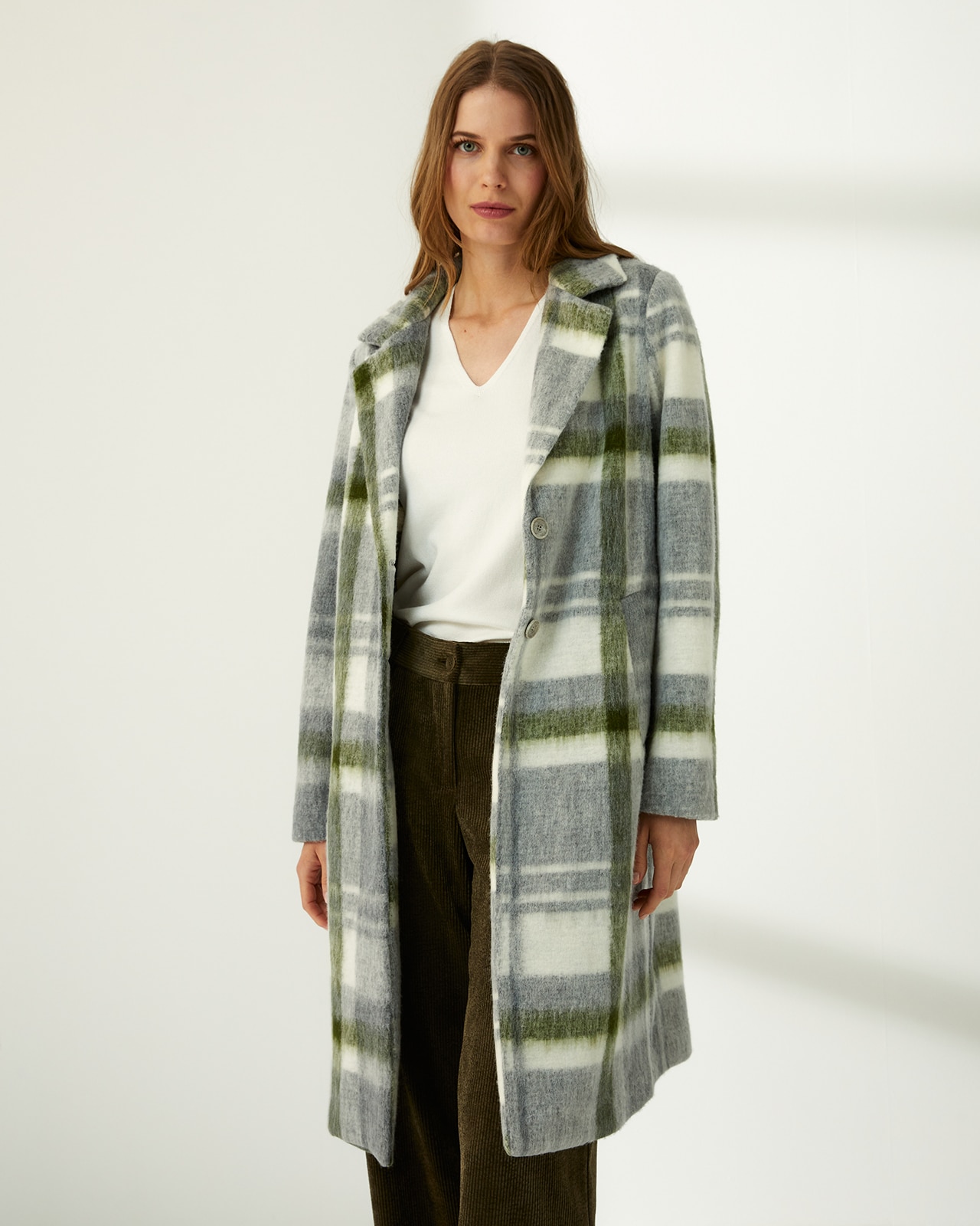 Abrigo largo de mujer estampado cuadros - Paz Torras - Gris Gris-2