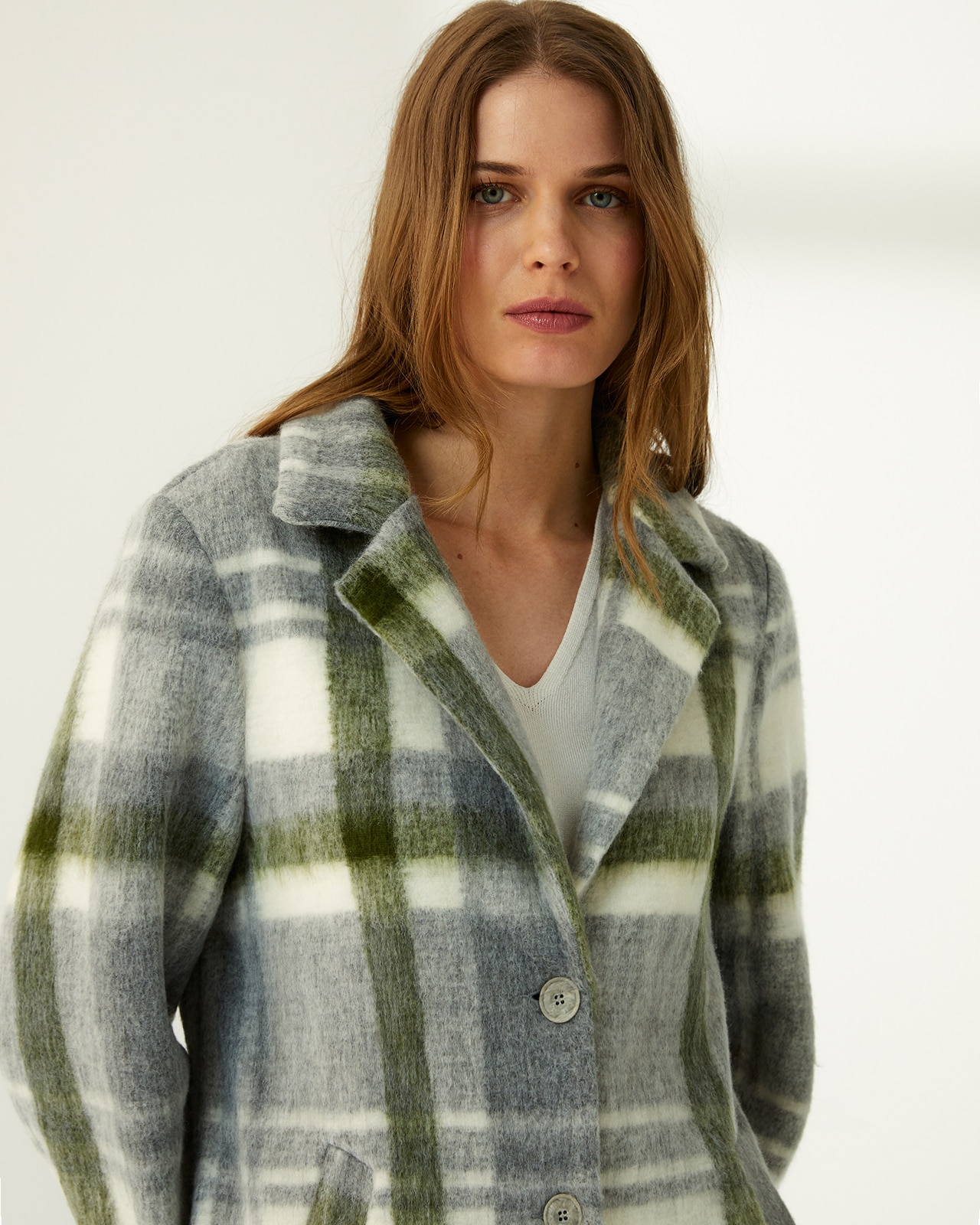 Abrigo largo de mujer estampado cuadros - Paz Torras - Gris Gris-4