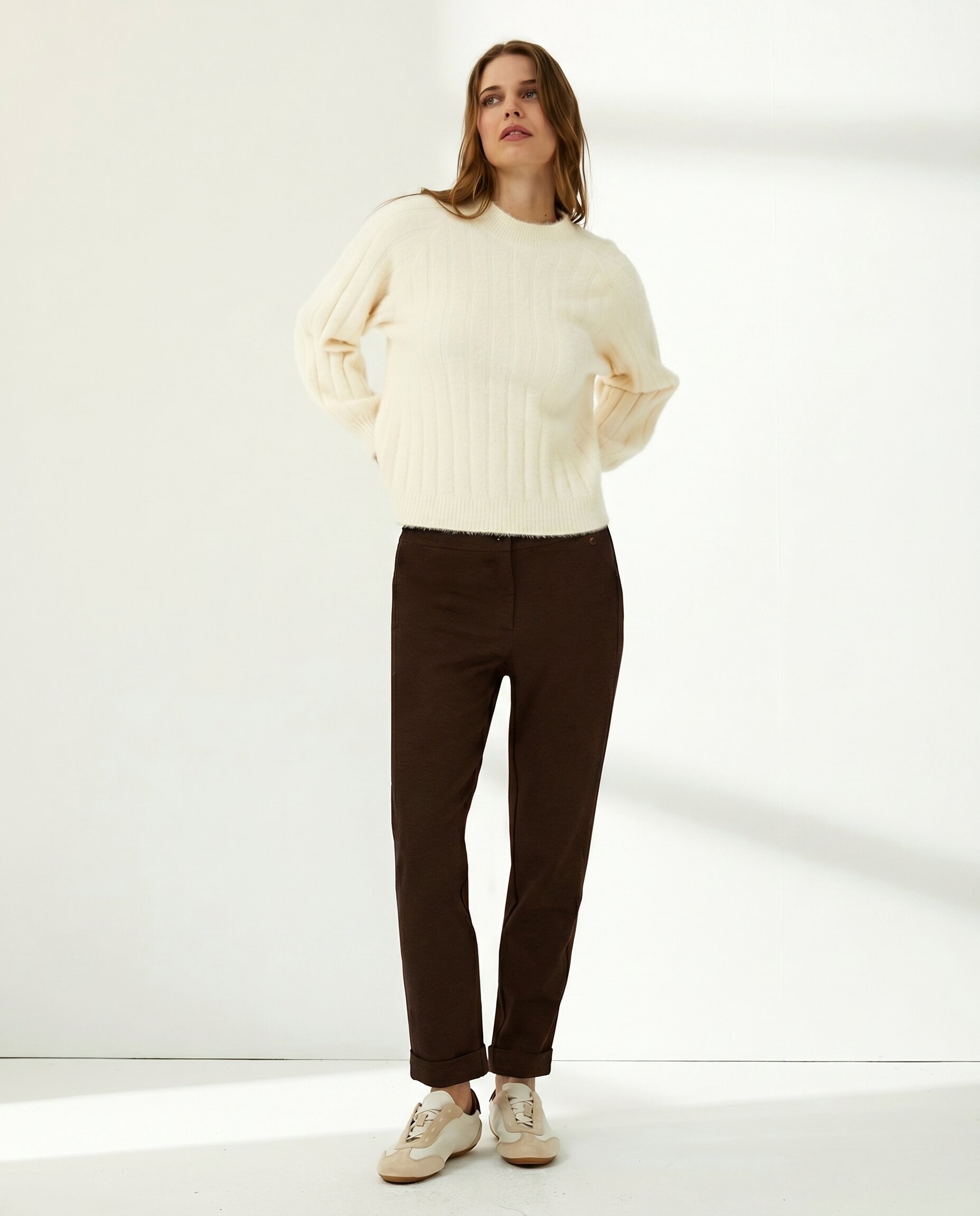 Pantalón tobillero de mujer punto liso cintura elástica - Paz Torras - Marrón oscuro Marrón oscuro-1