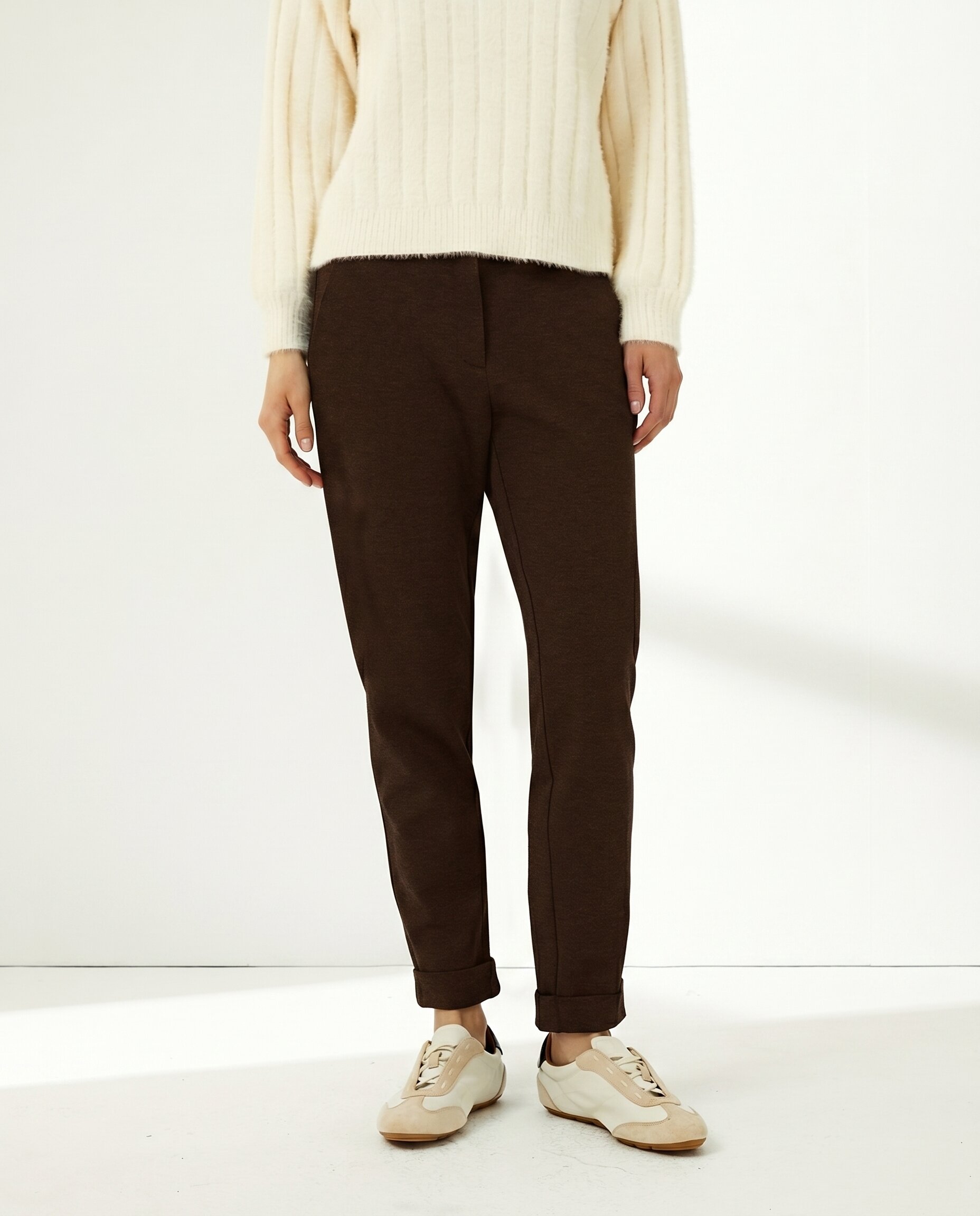 Pantalón tobillero de mujer punto liso cintura elástica - Paz Torras - Marrón oscuro Marrón oscuro-2