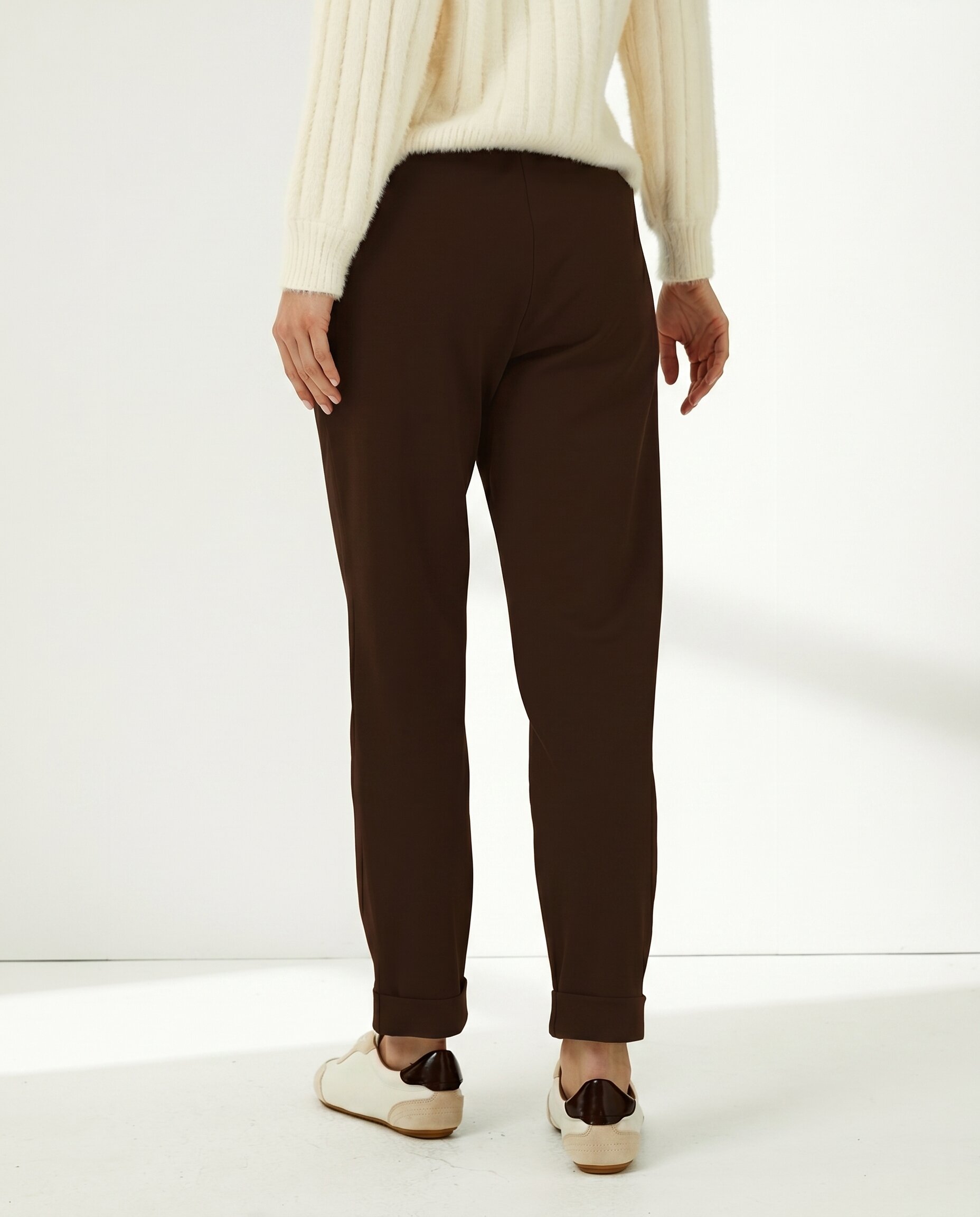 Pantalón tobillero de mujer punto liso cintura elástica - Paz Torras - Marrón oscuro Marrón oscuro-3