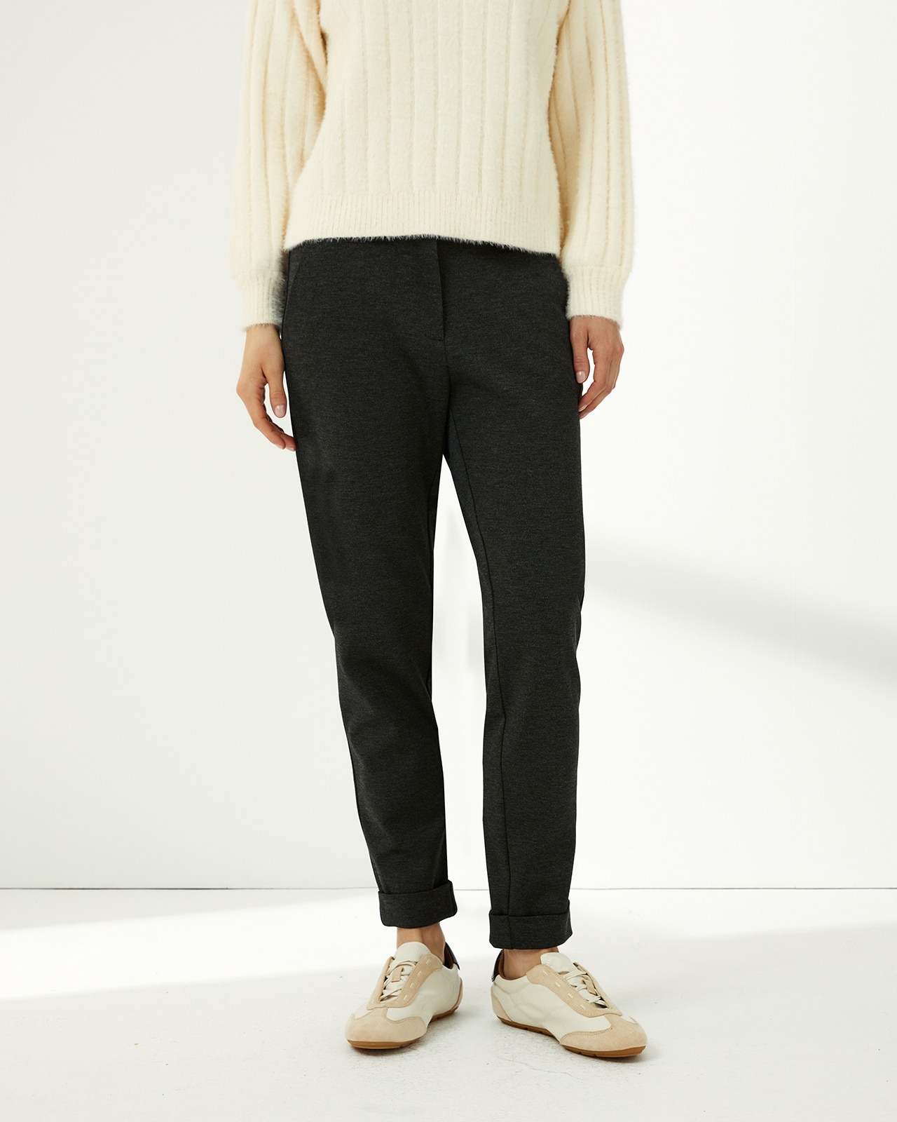 Pantalón tobillero de mujer punto liso cintura elástica - Paz Torras - Gris oscuro Gris oscuro-2