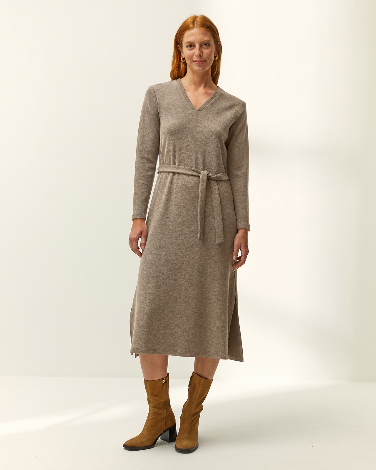 Vestido midi de punto liso cuello pico manga larga - Paz Torras - Piedra Piedra-1