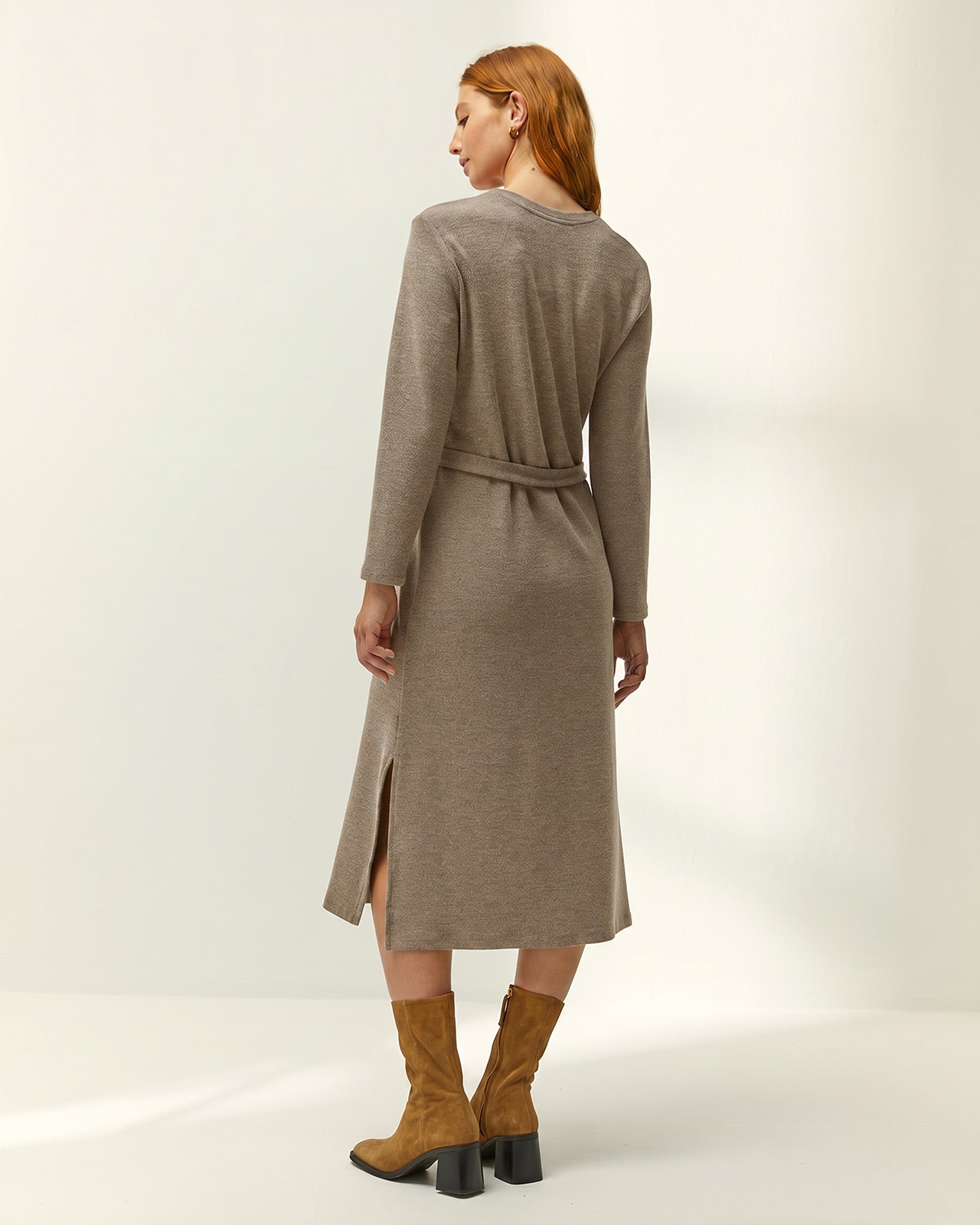 Vestido midi de punto liso cuello pico manga larga - Paz Torras - Piedra Piedra-3