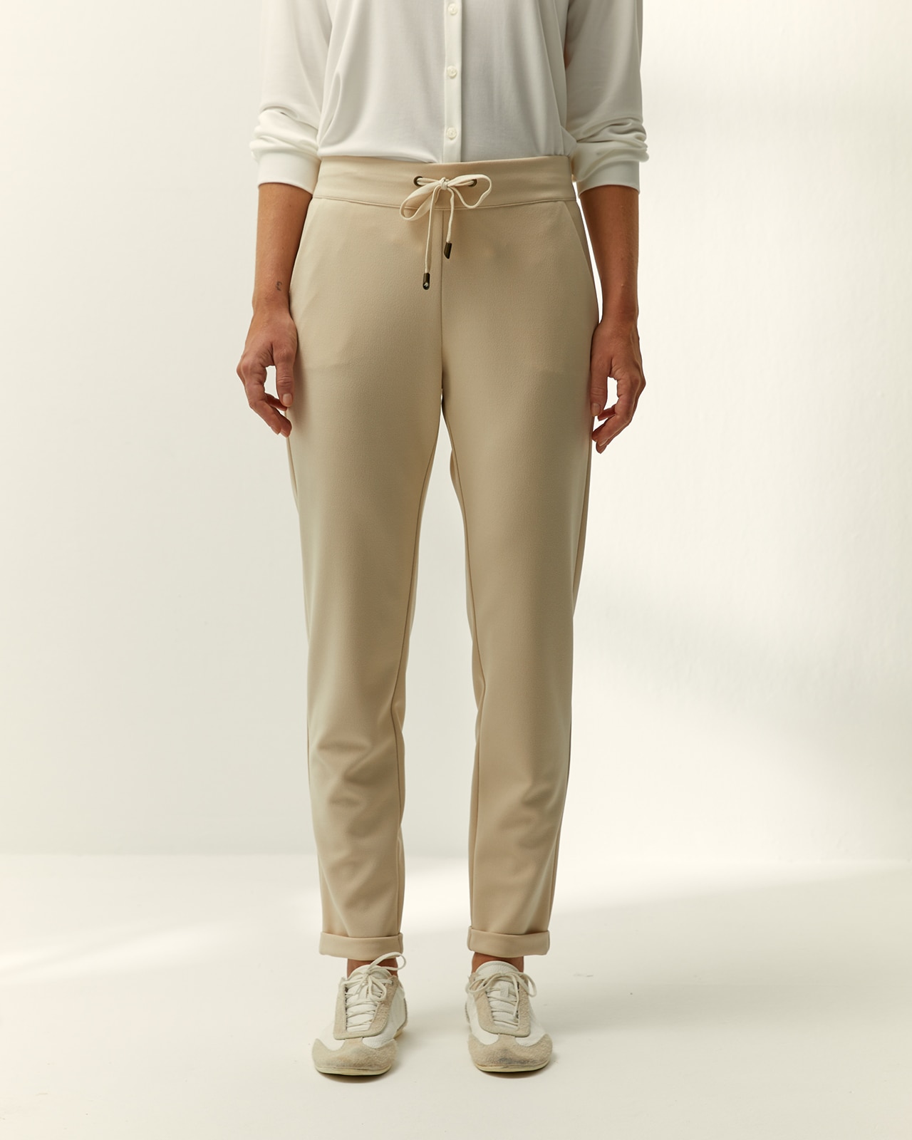 Pantalón tobillero de mujer punto liso cintura elástica - Paz Torras - Beige Beige-2