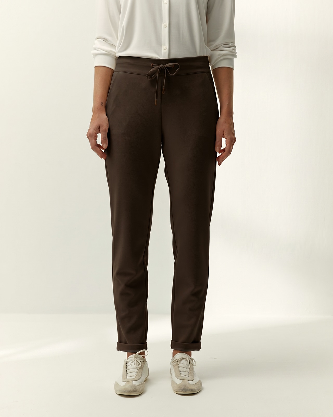 Pantalón tobillero de mujer punto liso cintura elástica - Paz Torras - Marrón oscuro Marrón oscuro-2