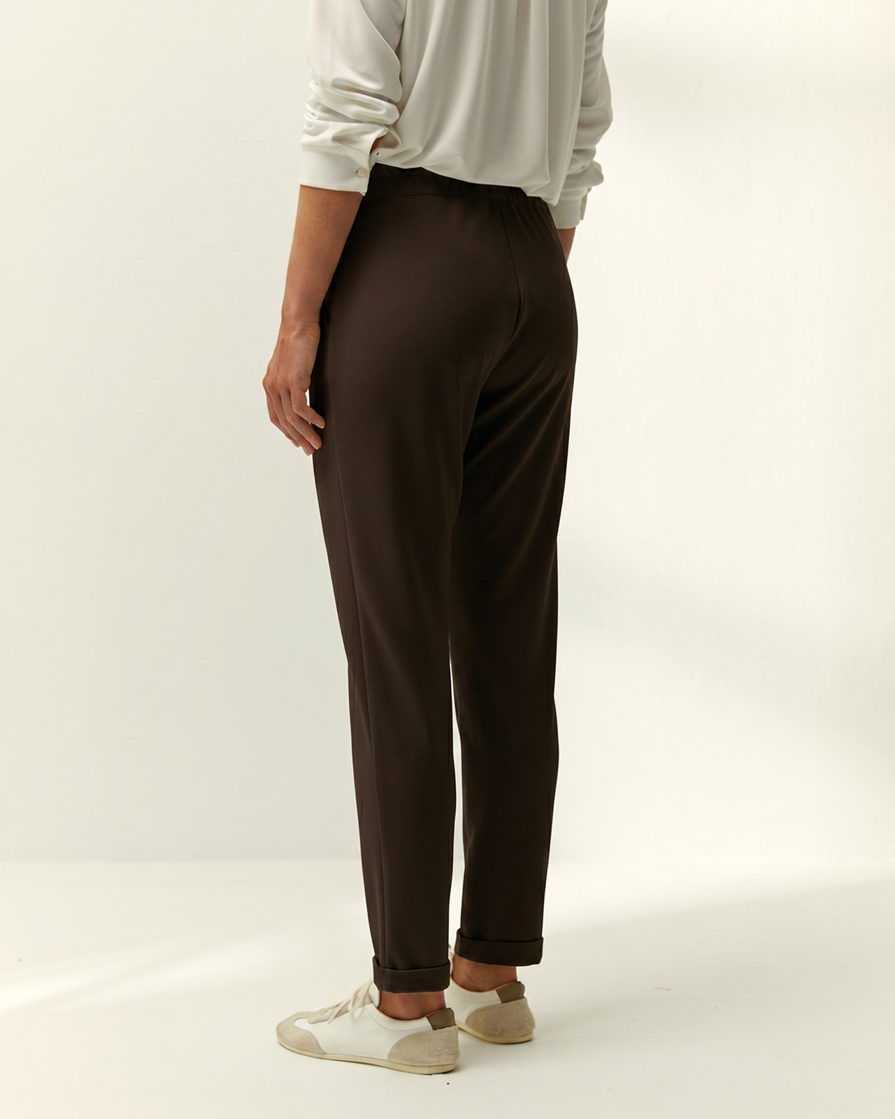 Pantalón tobillero de mujer punto liso cintura elástica - Paz Torras - Marrón oscuro Marrón oscuro-3
