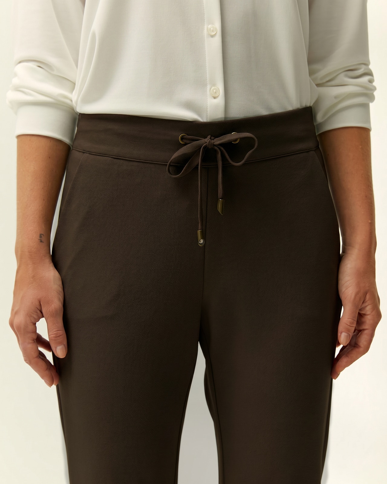 Pantalón tobillero de mujer punto liso cintura elástica - Paz Torras - Marrón oscuro Marrón oscuro-4