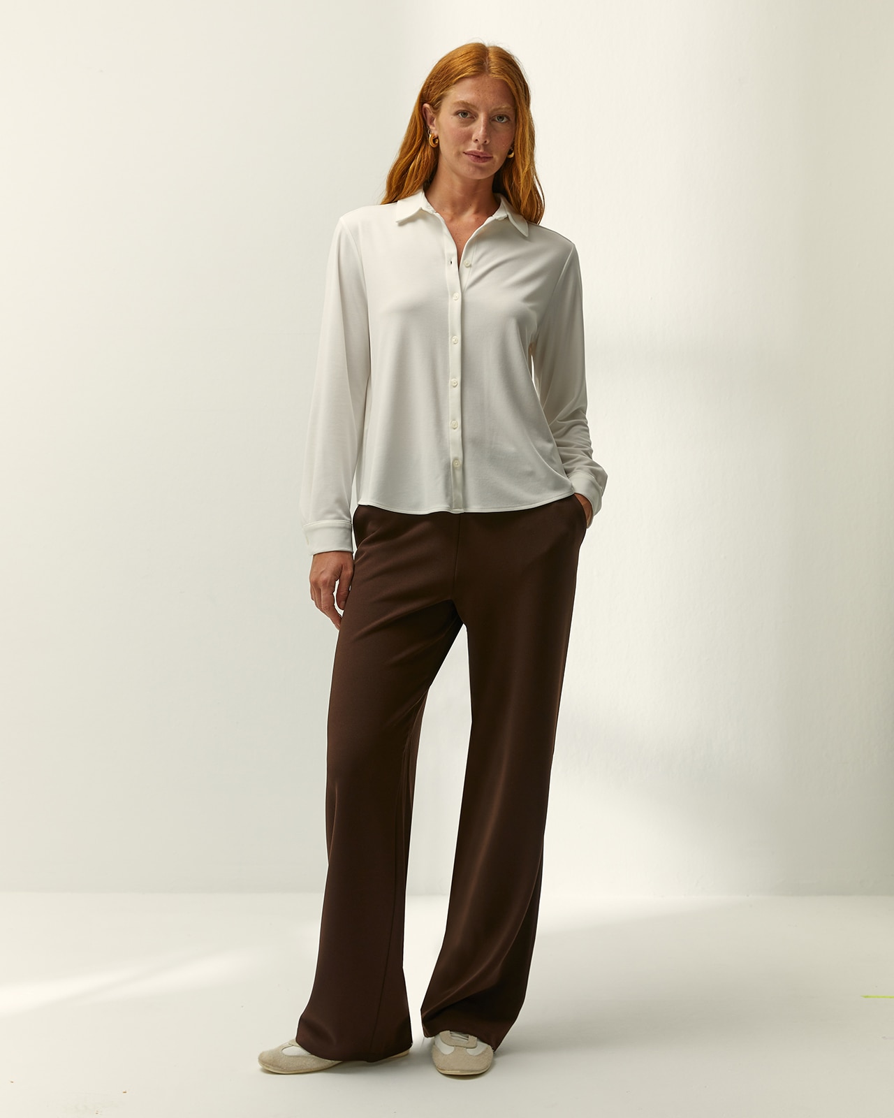 Pantalón recto de mujer punto liso cintura elástica - Paz Torras - Marrón oscuro Marrón oscuro-1
