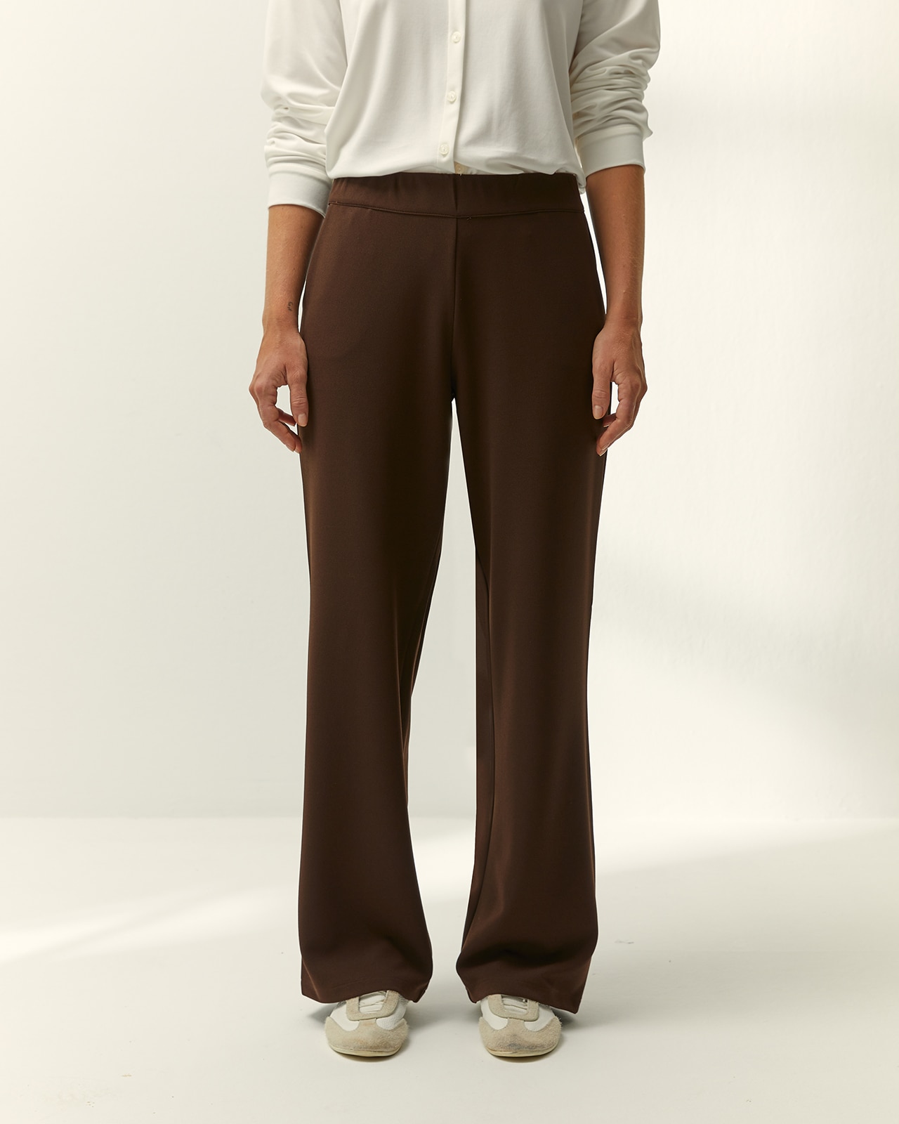 Pantalón recto de mujer punto liso cintura elástica - Paz Torras - Marrón oscuro Marrón oscuro-2