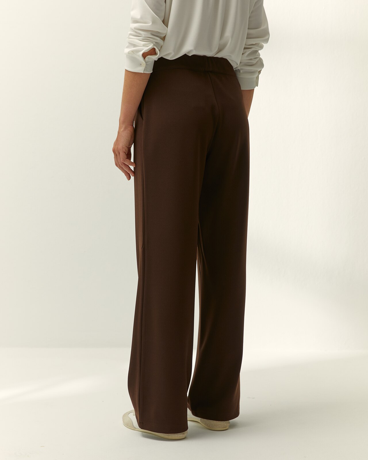 Pantalón recto de mujer punto liso cintura elástica - Paz Torras - Marrón oscuro Marrón oscuro-3