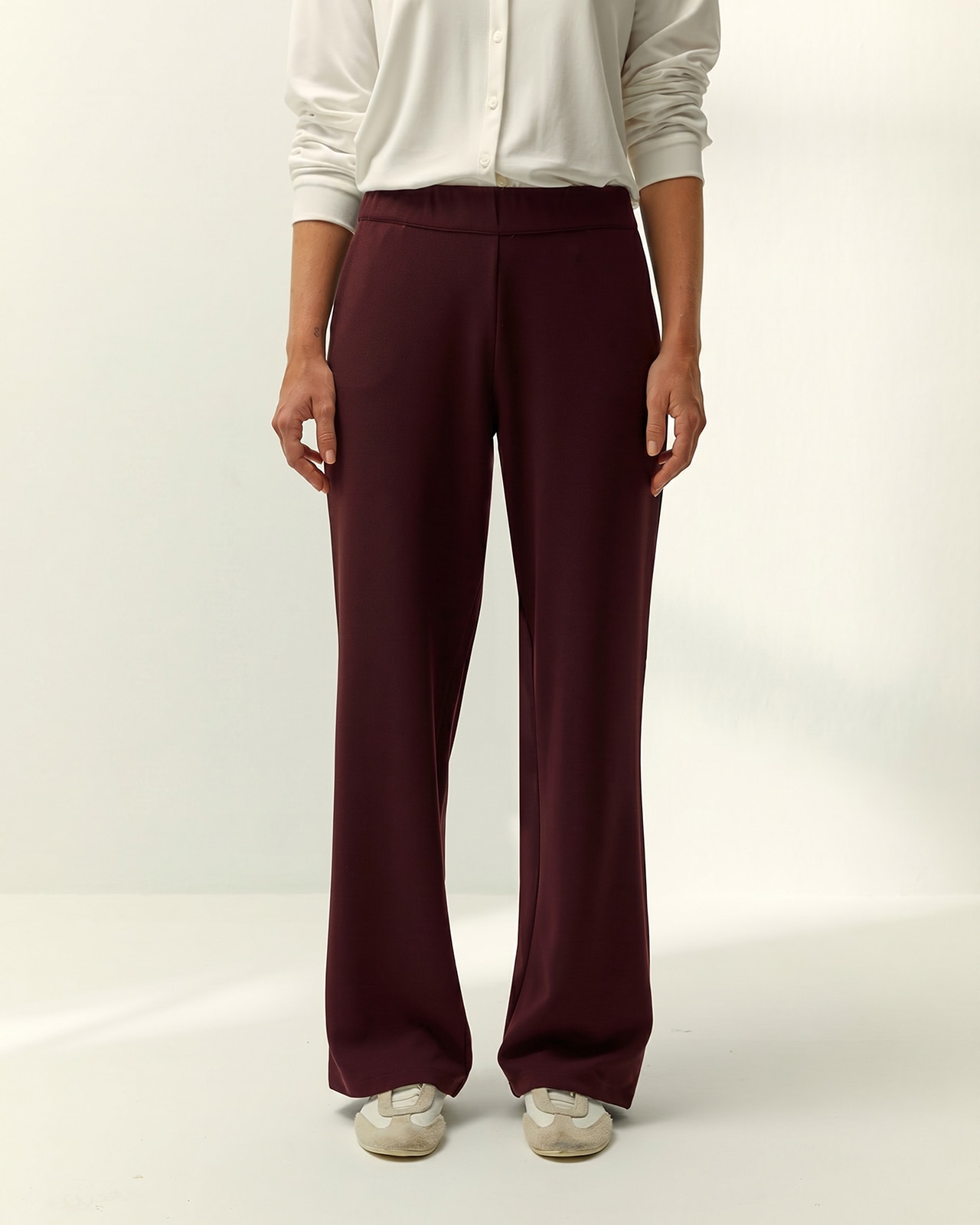 Pantalón recto de mujer punto liso cintura elástica - Paz Torras - Granate Granate-2