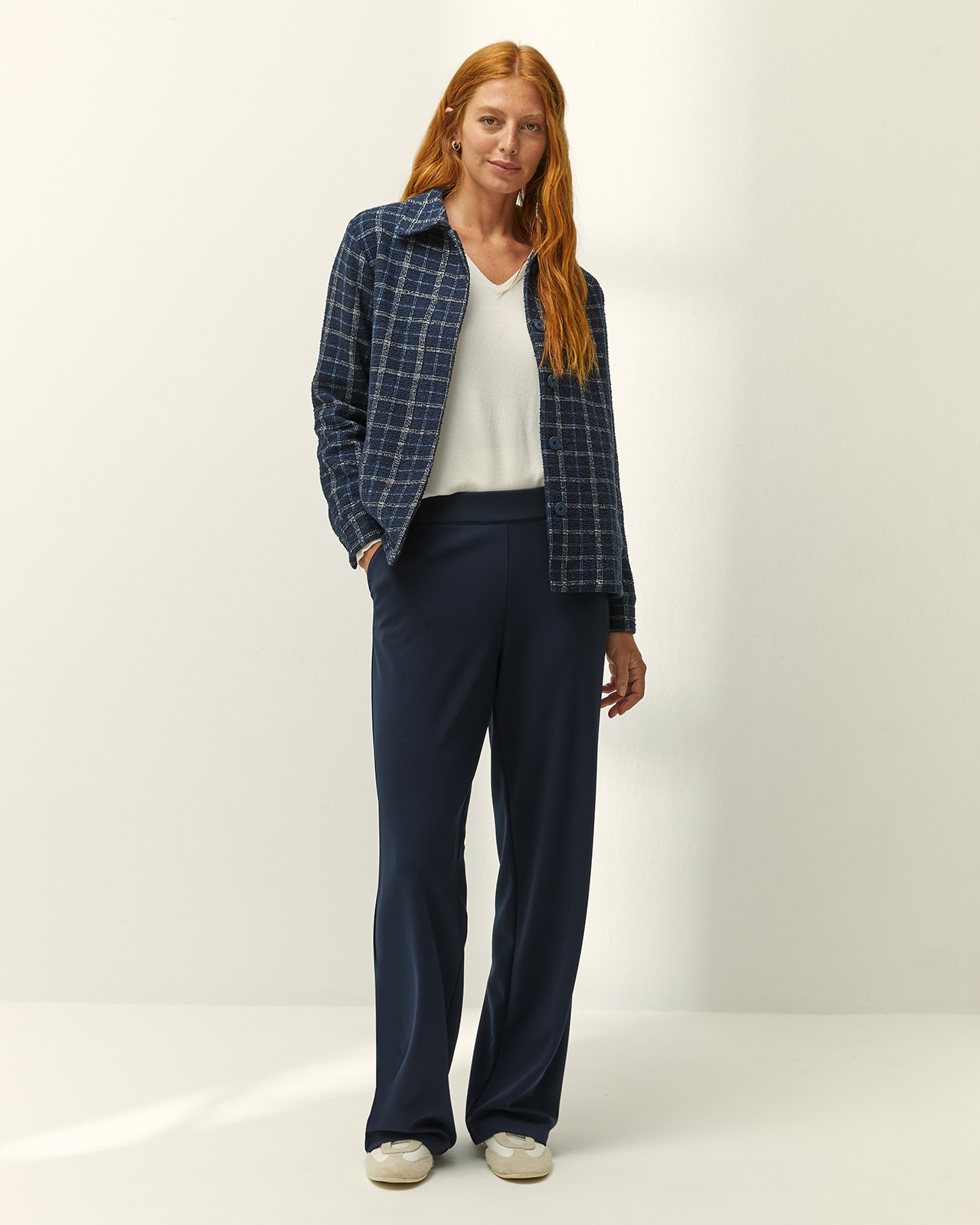 Pantalón recto de mujer punto liso cintura elástica - Paz Torras - Azul marino Azul marino-1