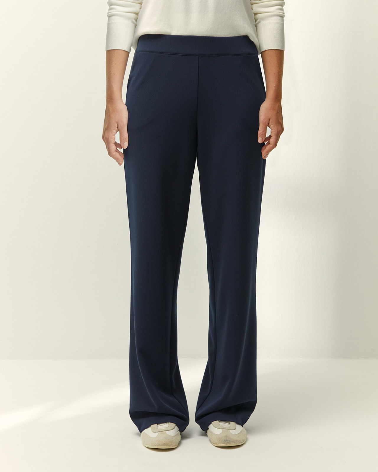 Pantalón recto de mujer punto liso cintura elástica - Paz Torras - Azul marino Azul marino-2