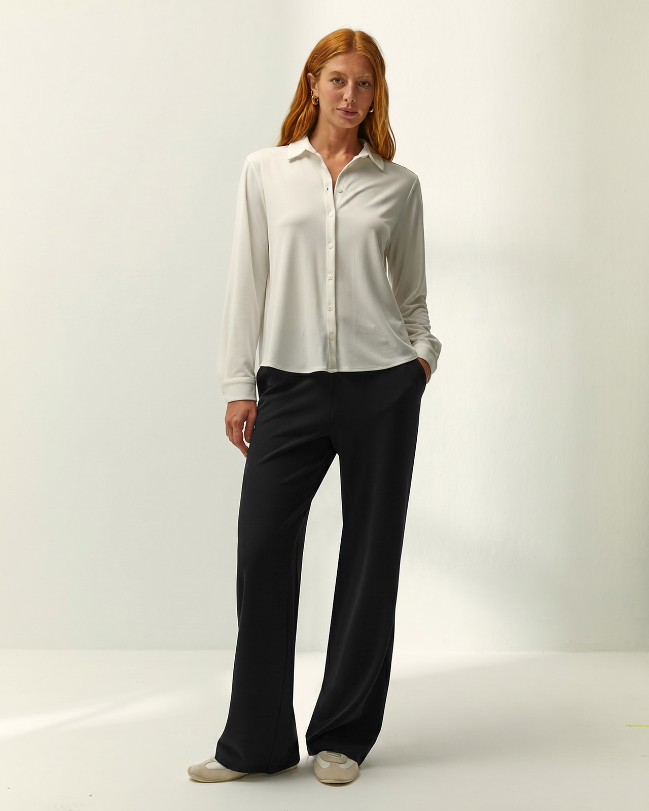 Pantalón recto de mujer punto liso cintura elástica - Paz Torras - Negro Negro-1