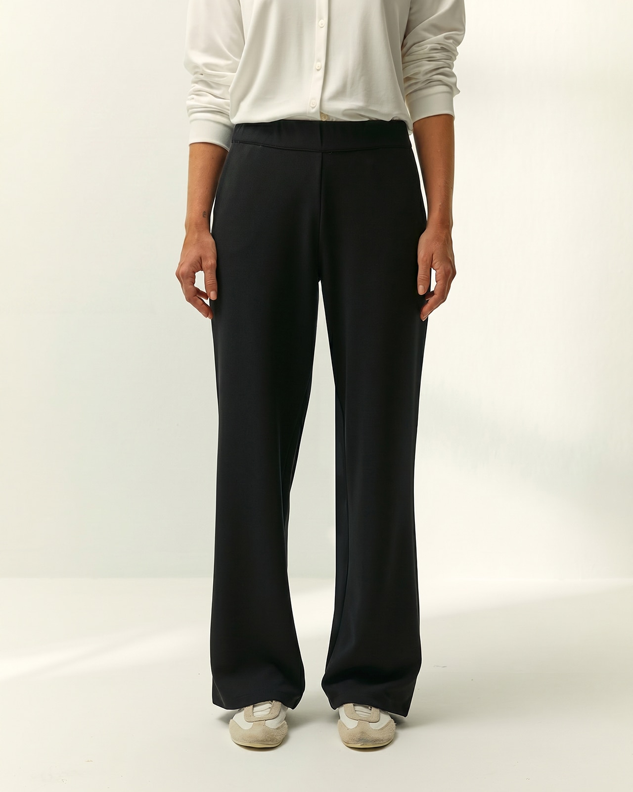 Pantalón recto de mujer punto liso cintura elástica - Paz Torras - Negro Negro-2