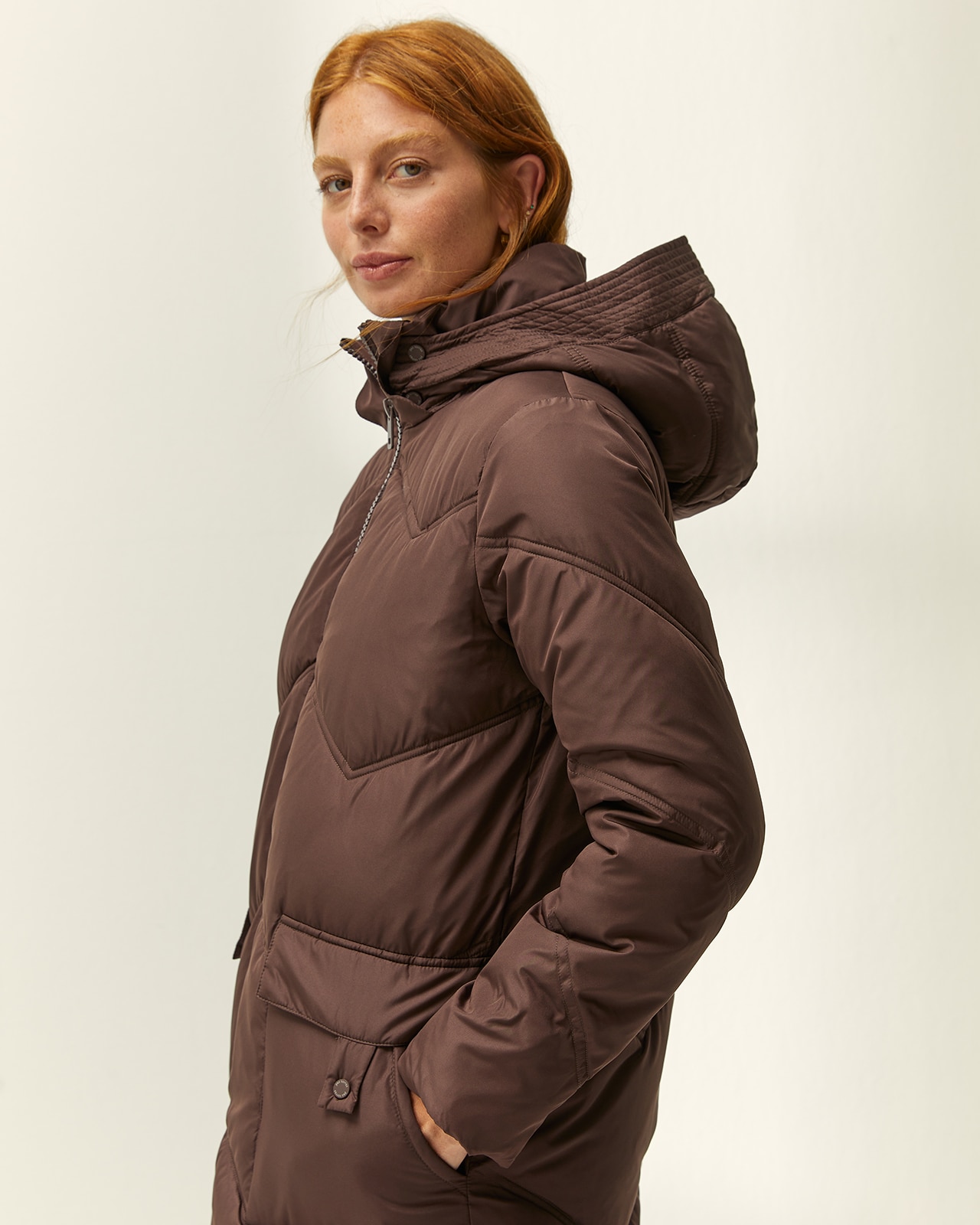 Parka larga de mujer acolchada capucha desmontable - Paz Torras - Marrón oscuro Marrón oscuro-4