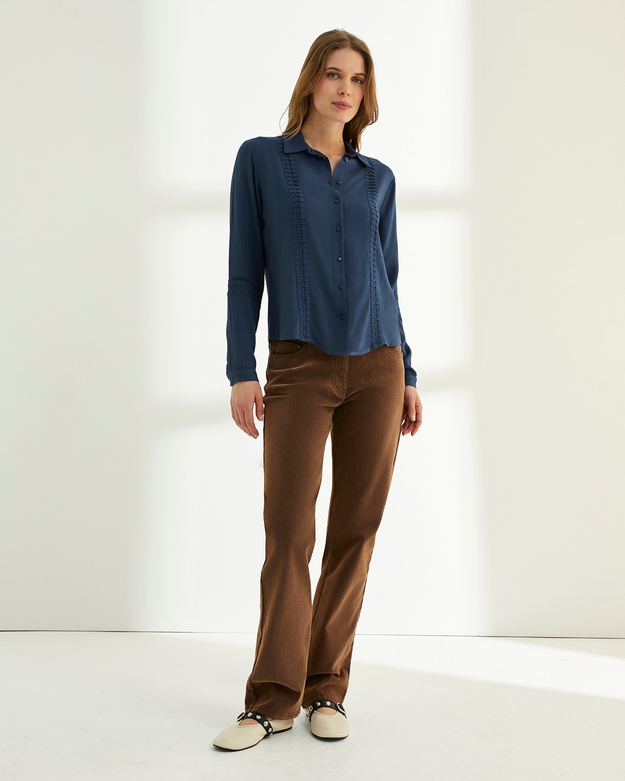 Camisa de mujer cuello camisero manga larga - Paz Torras - Azul Azul-1