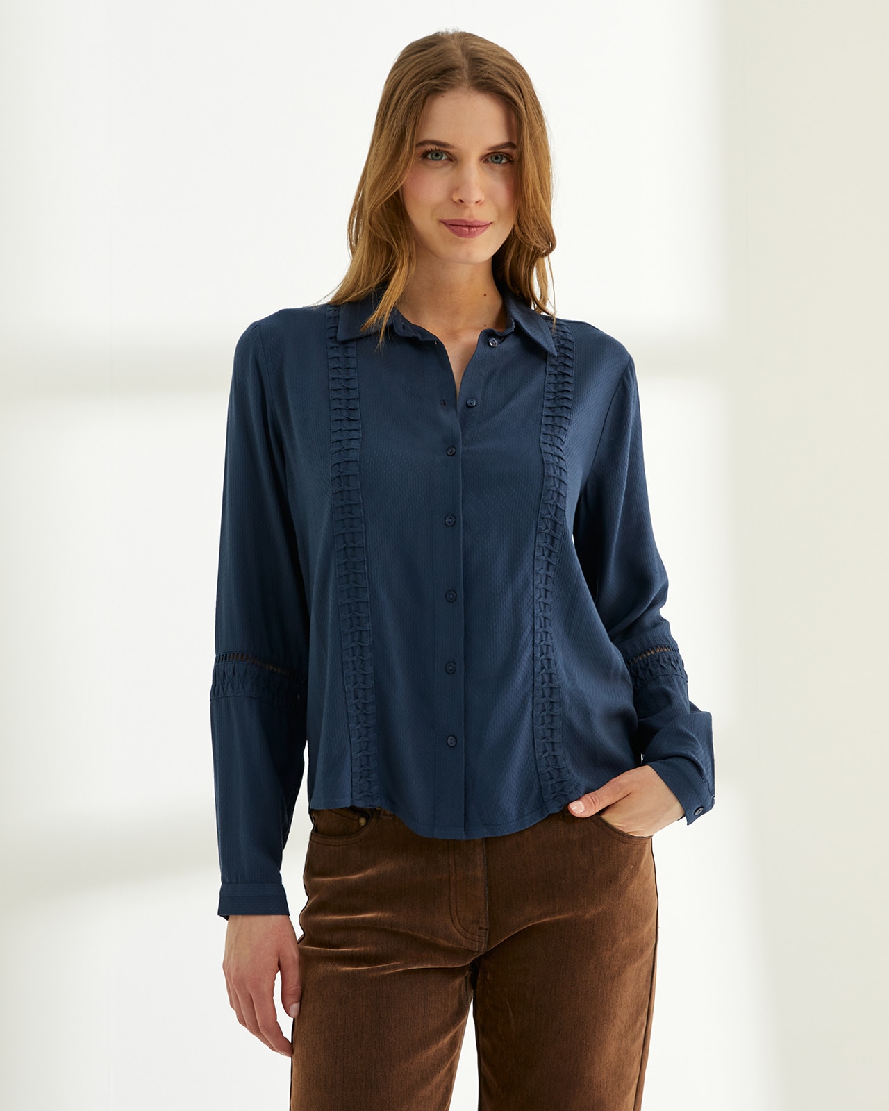 Camisa de mujer cuello camisero manga larga - Paz Torras - Azul Azul-2