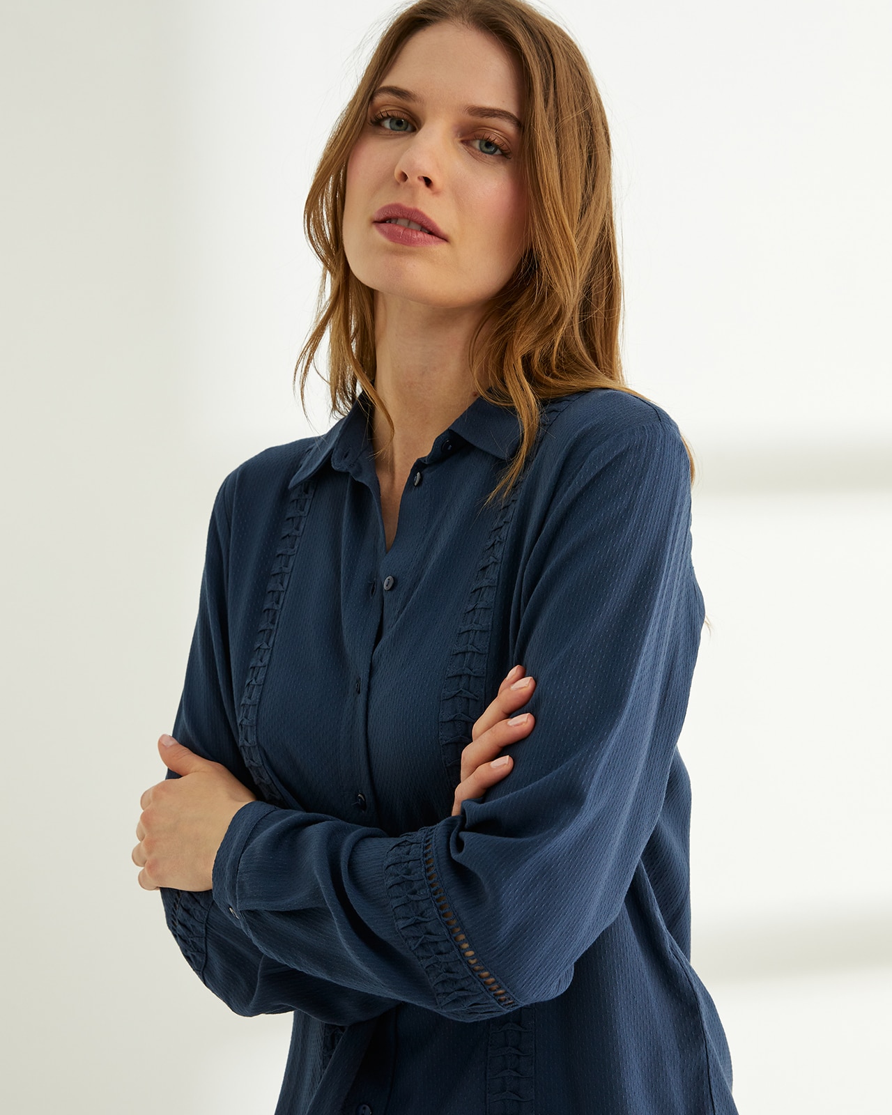 Camisa de mujer cuello camisero manga larga - Paz Torras - Azul Azul-4